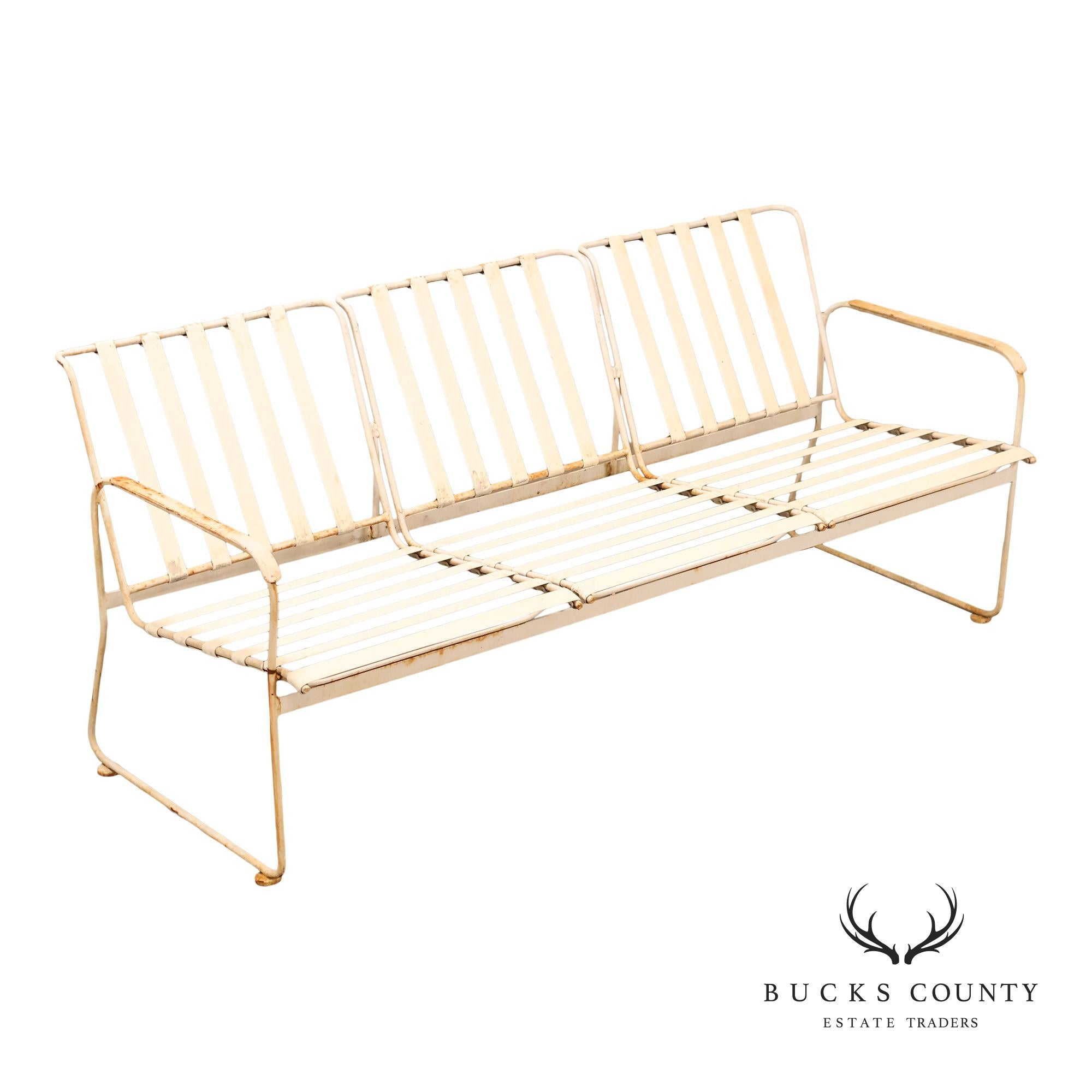 Vintage White Painted Wrought Iron Strap Patio Sofa Bench