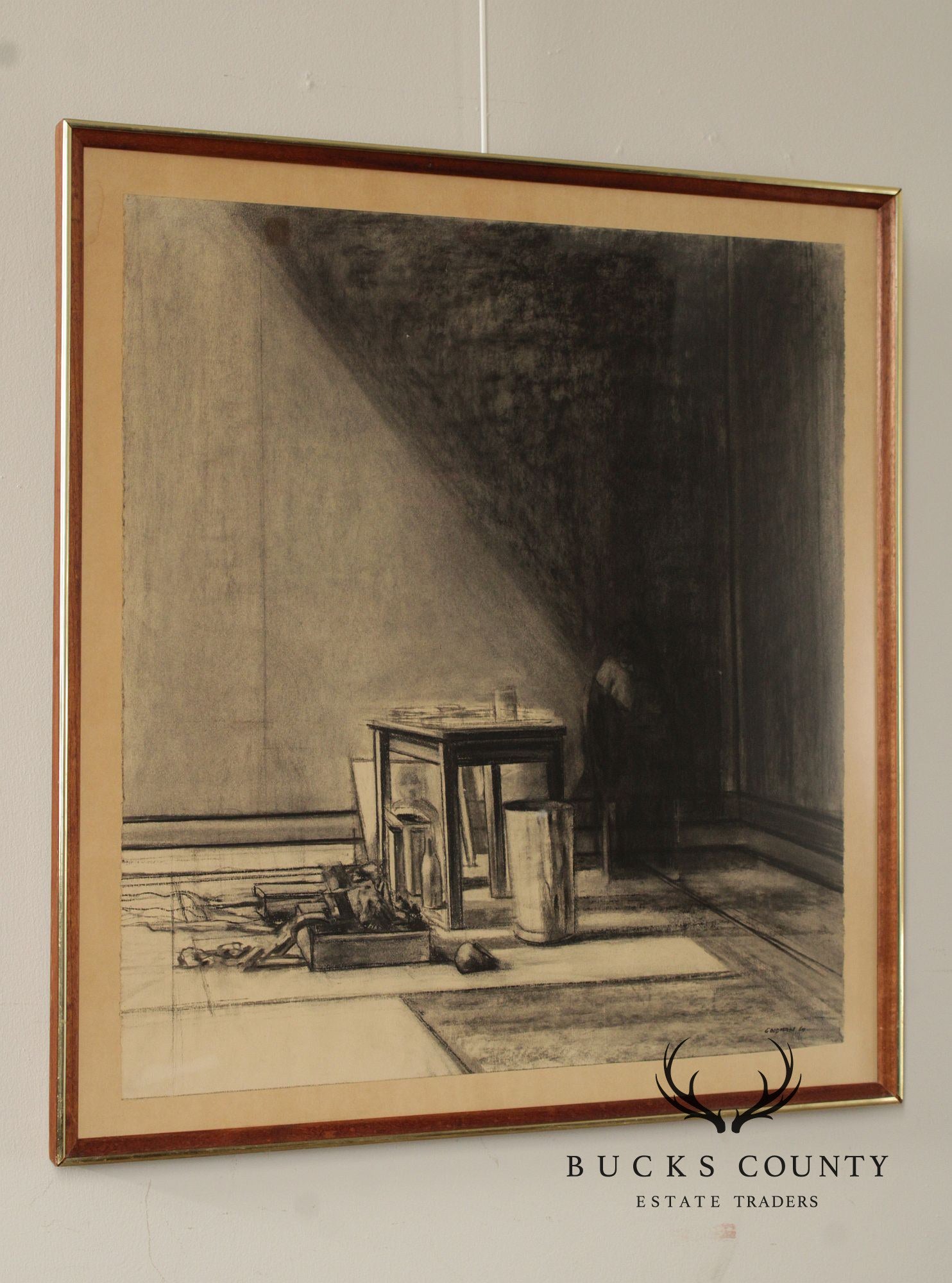 Sidney Goodman Charcoal Drawing, 'Interior with Figure'