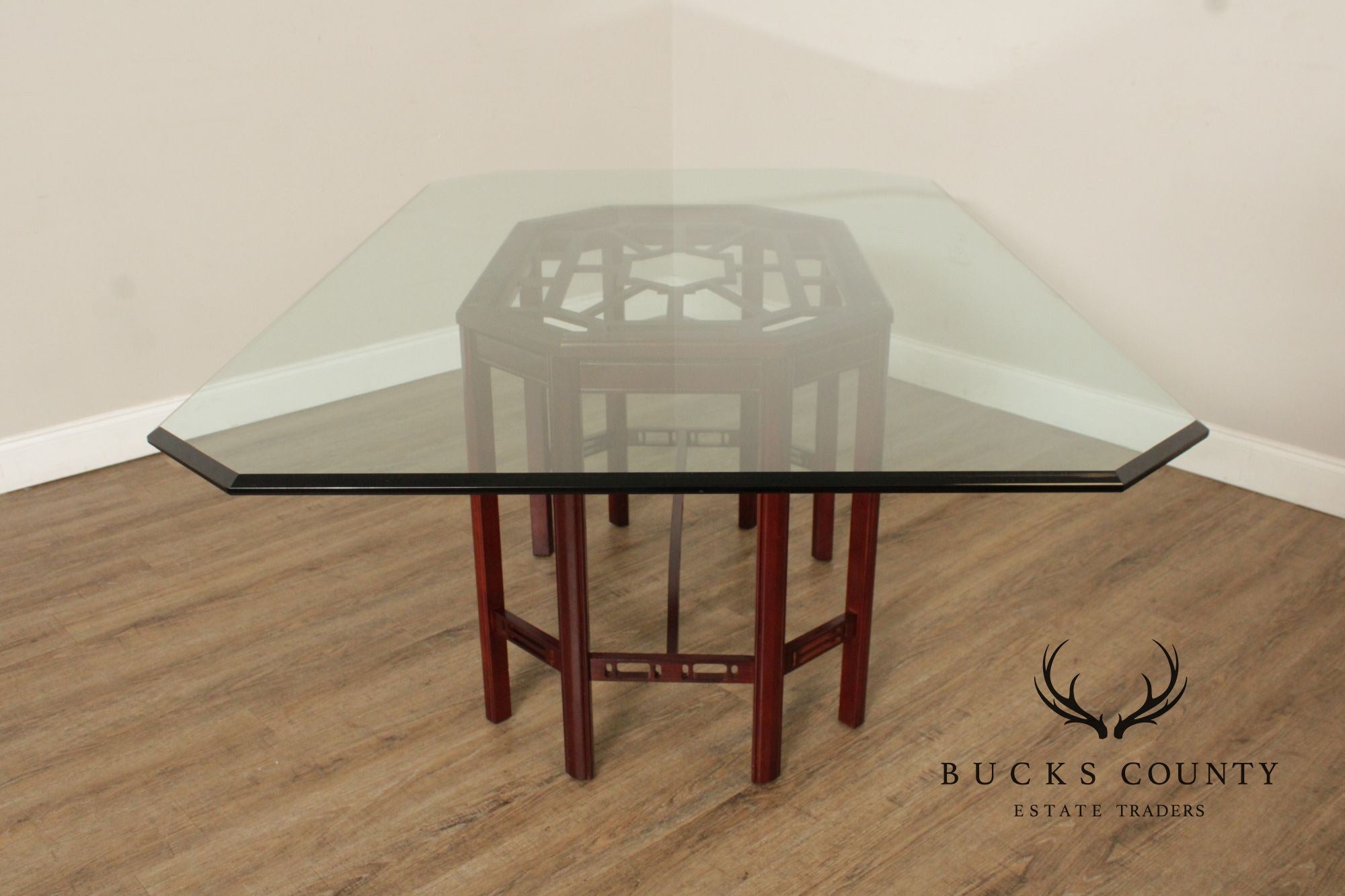 Chinese Chippendale Style Glass Top Mahogany Dining Table