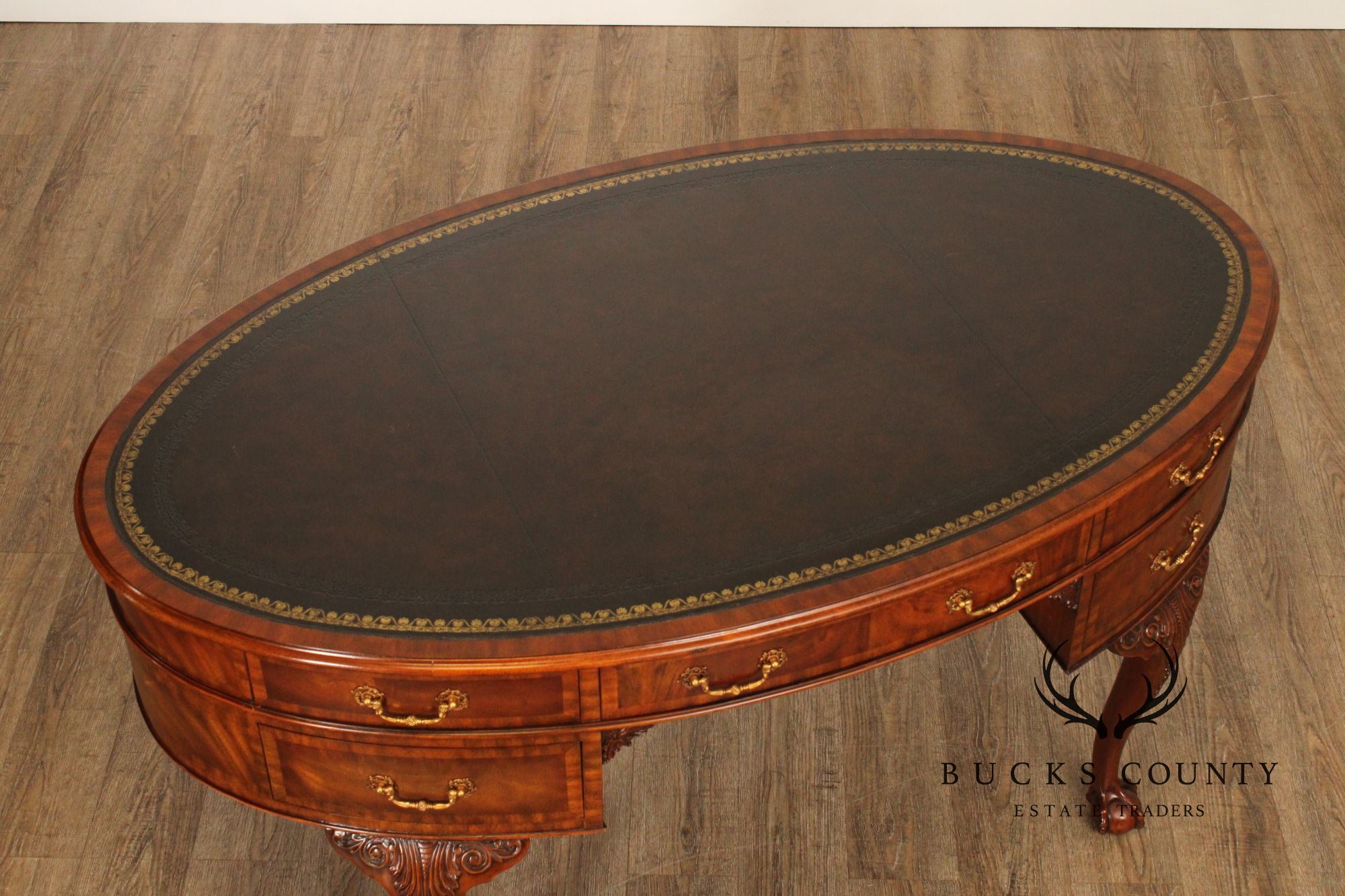Maitland Smith Georgian Style Leather Top Mahogany Oval Desk