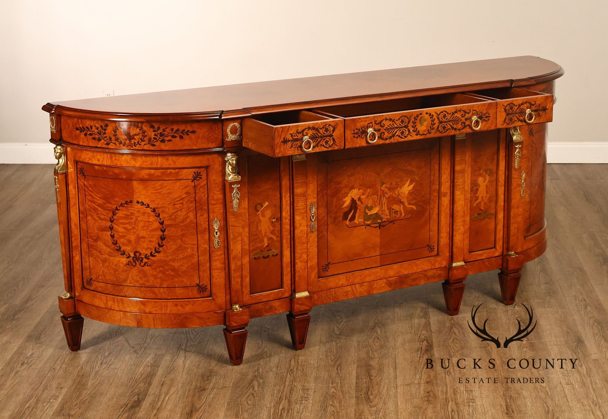 Rho Mobili D'Epoca Neoclassical Burl Wood Marquetry Inlaid Sideboard