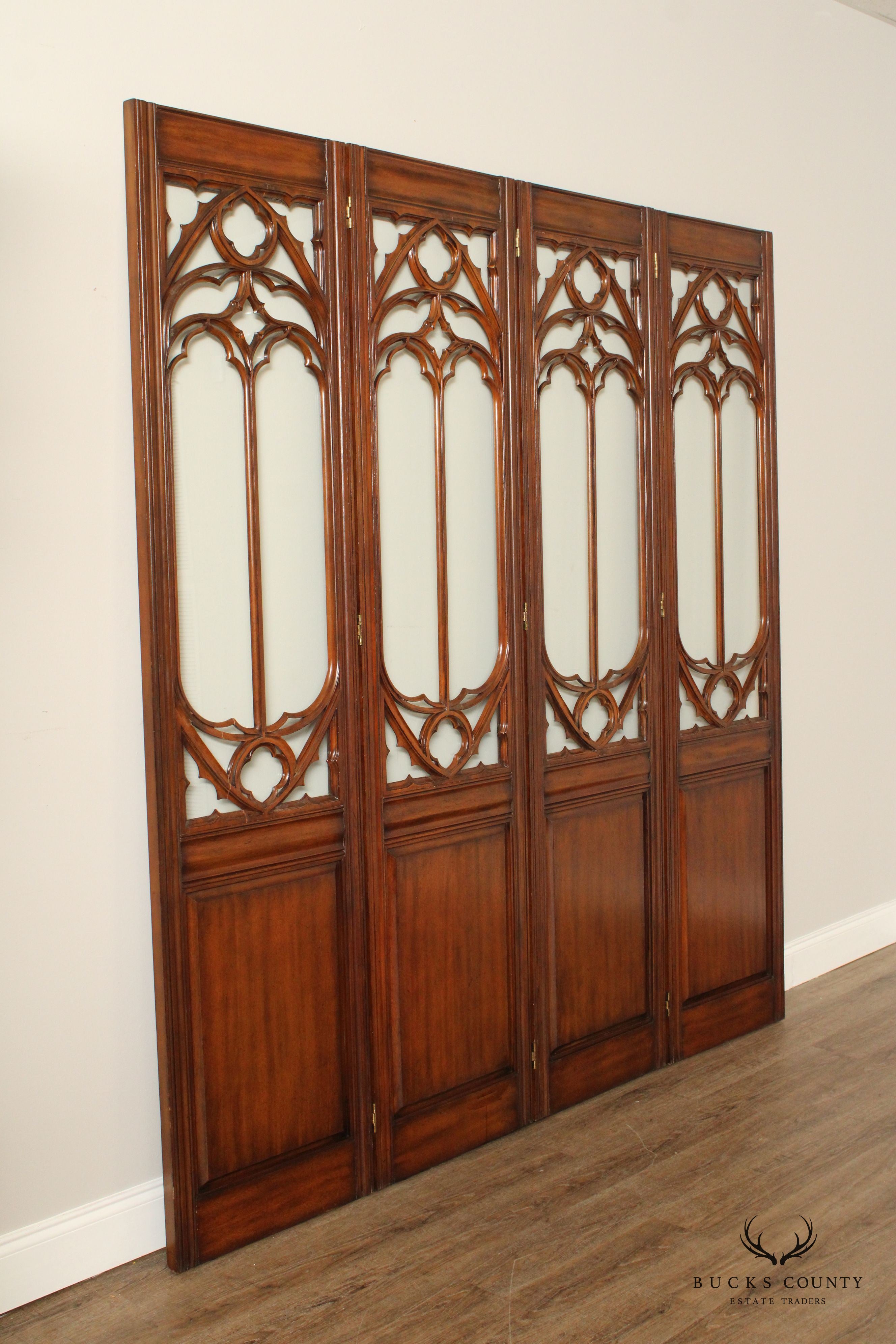 Gothic Revival Style Mahogany And Glass Eight-Panel Room Divider Screen