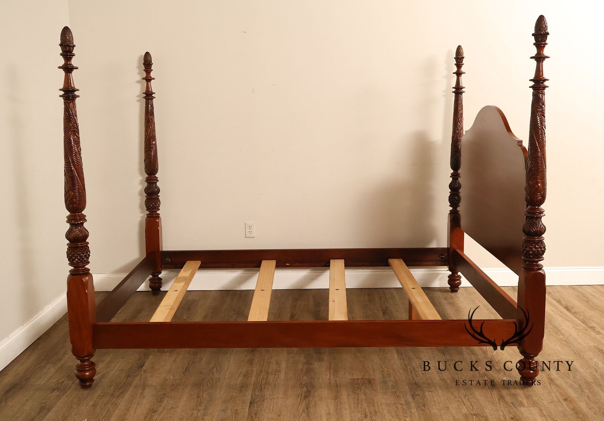 Carved Mahogany Four-Poster Queen Bed Frame