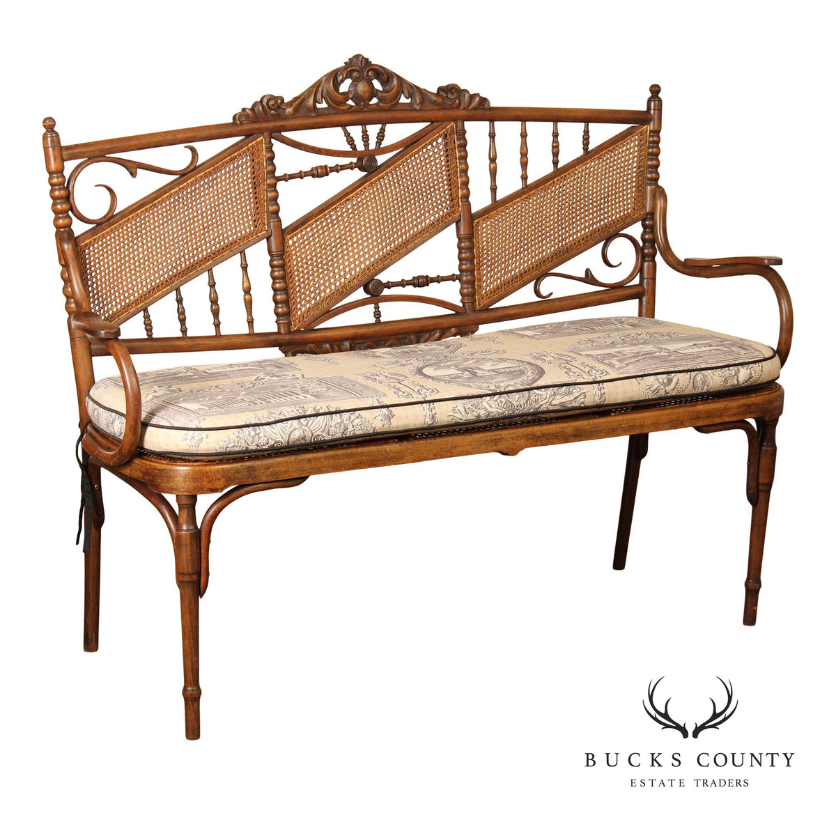 Vintage Thonet Style Bentwood And Caned Settee With Upholstered Cushion