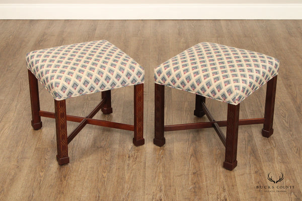 Sherrill Chinese Chippendale Style Pair of Carved Mahogany Stools