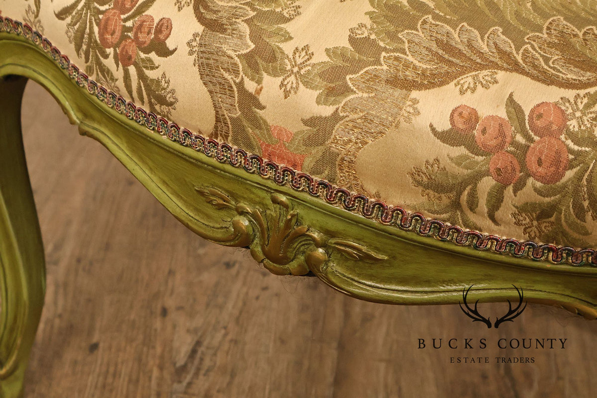 Vintage Louis XV Style Green Painted Floral Upholstered Armchair