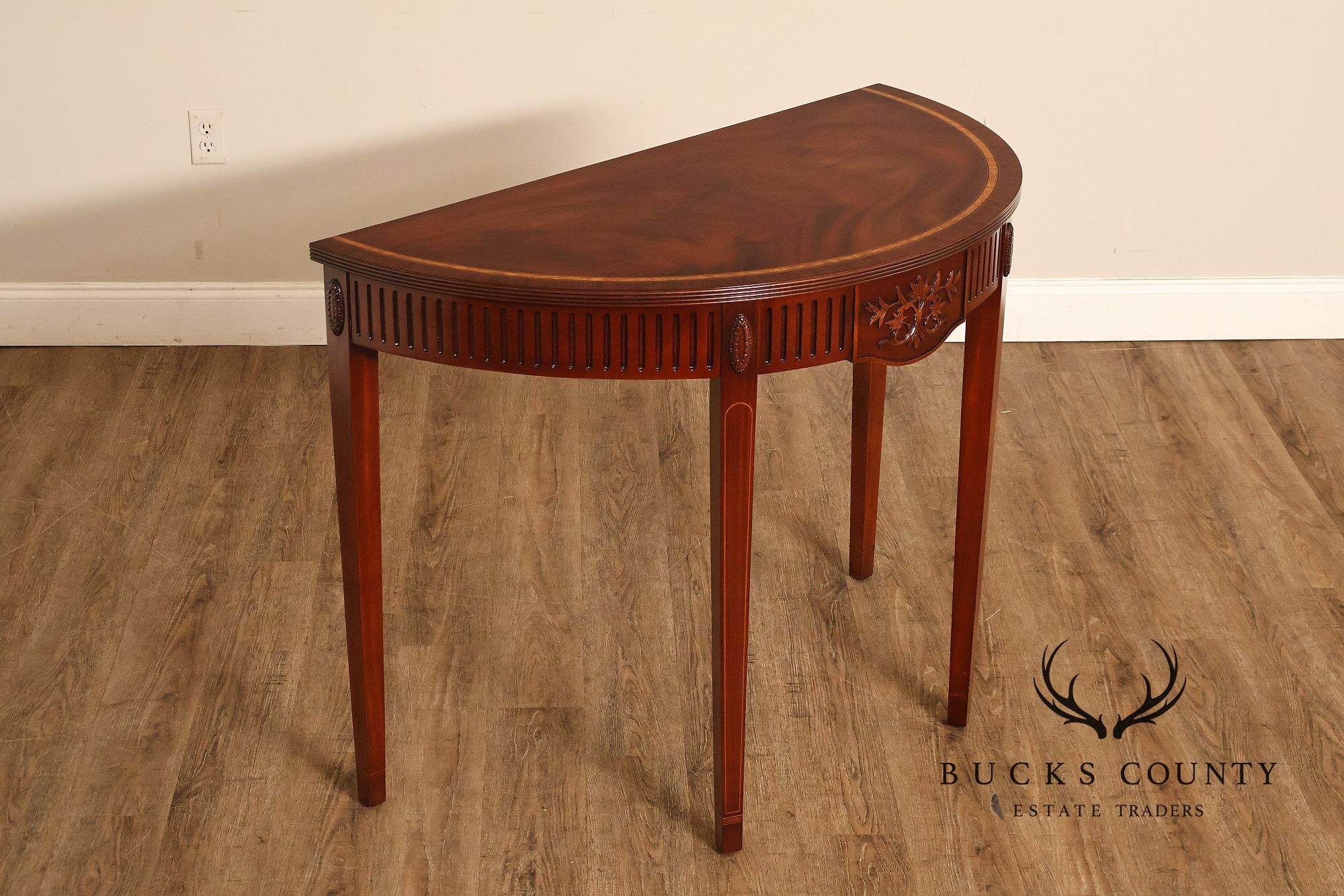 Custom Mahogany Inlaid Demilune Console Table