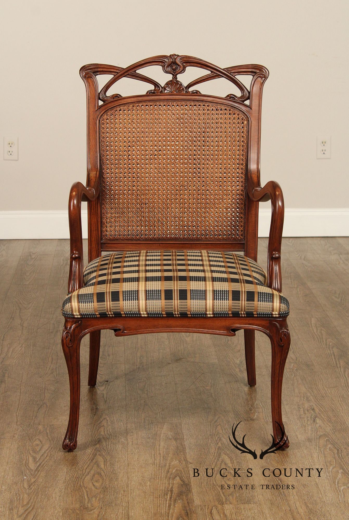 FRENCH ART NOUVEAU STYLE CANE BACK ARMCHAIR