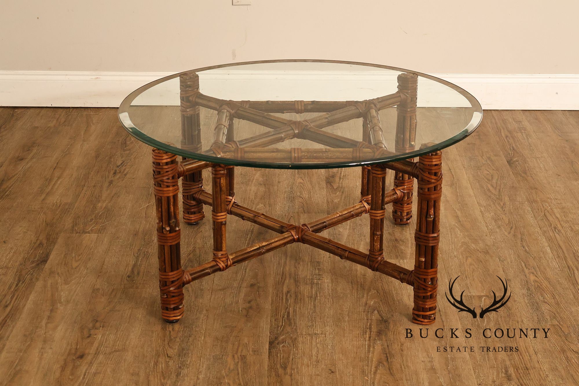 McGuire Bamboo And Rattan Round Glass Top Coffee Table