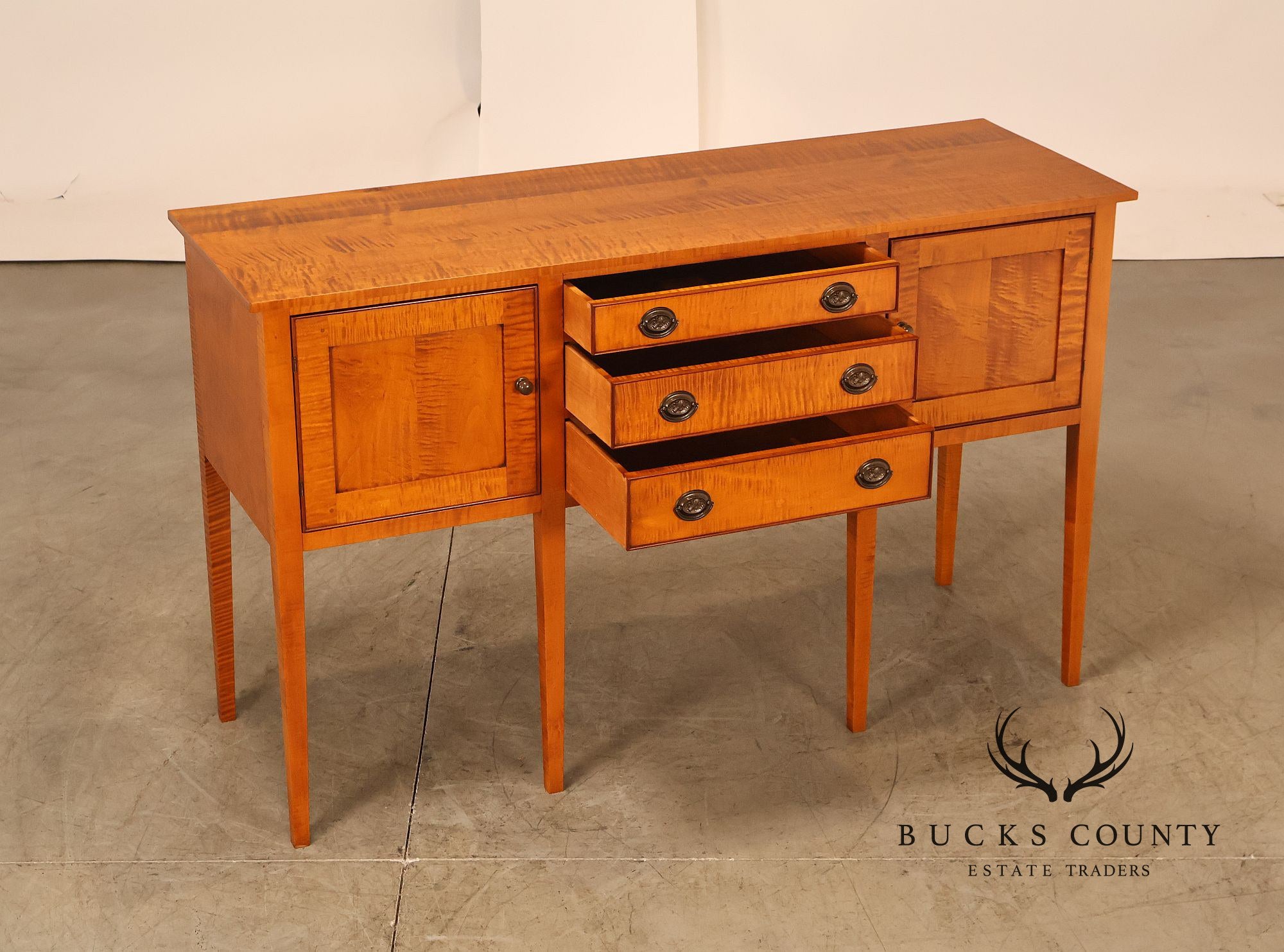Eldred Wheeler Tiger Maple Tapered Leg Sideboard
