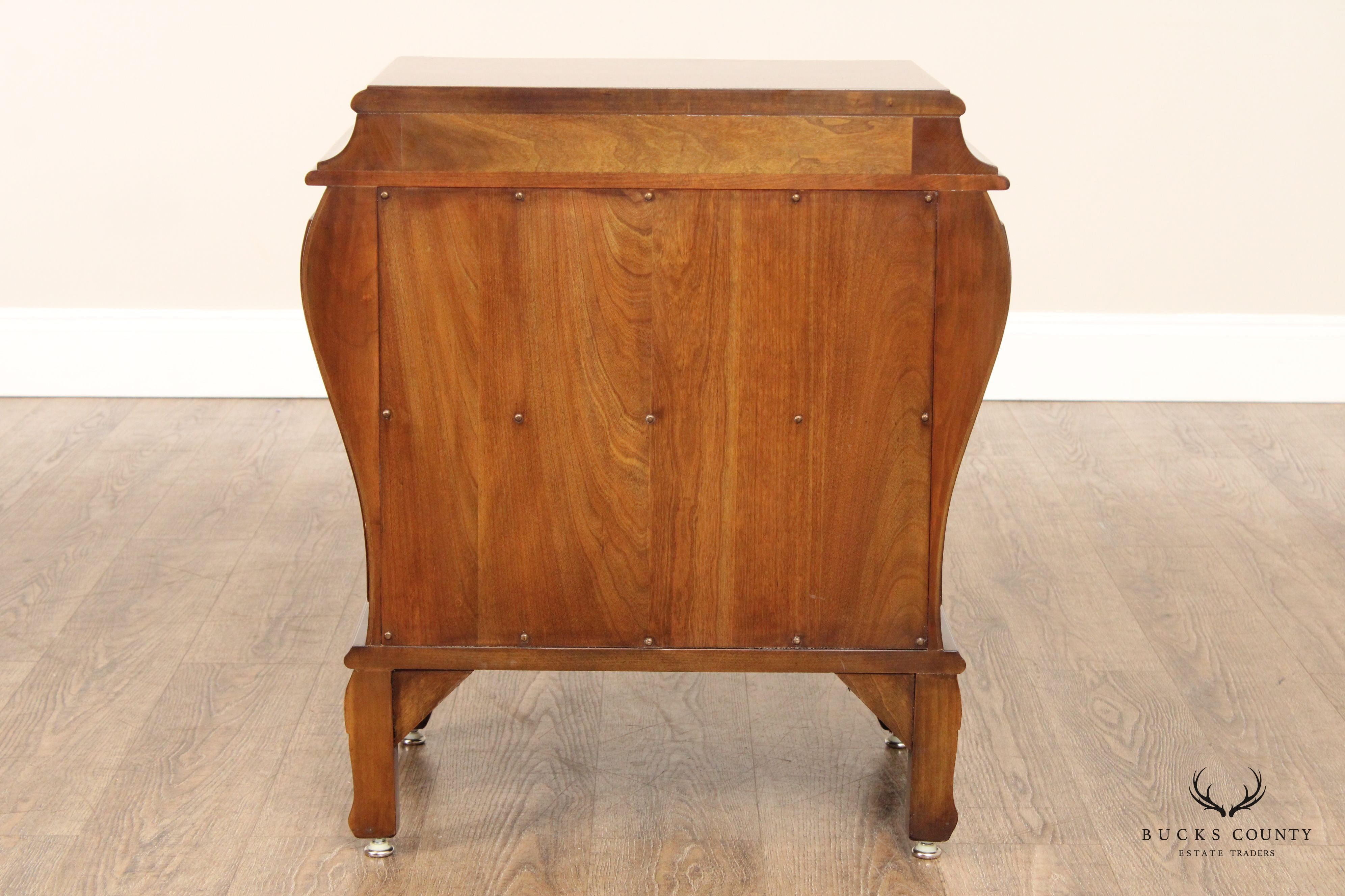 Karges French Louis XV Style Pair of Walnut Bombe Chest Nightstands