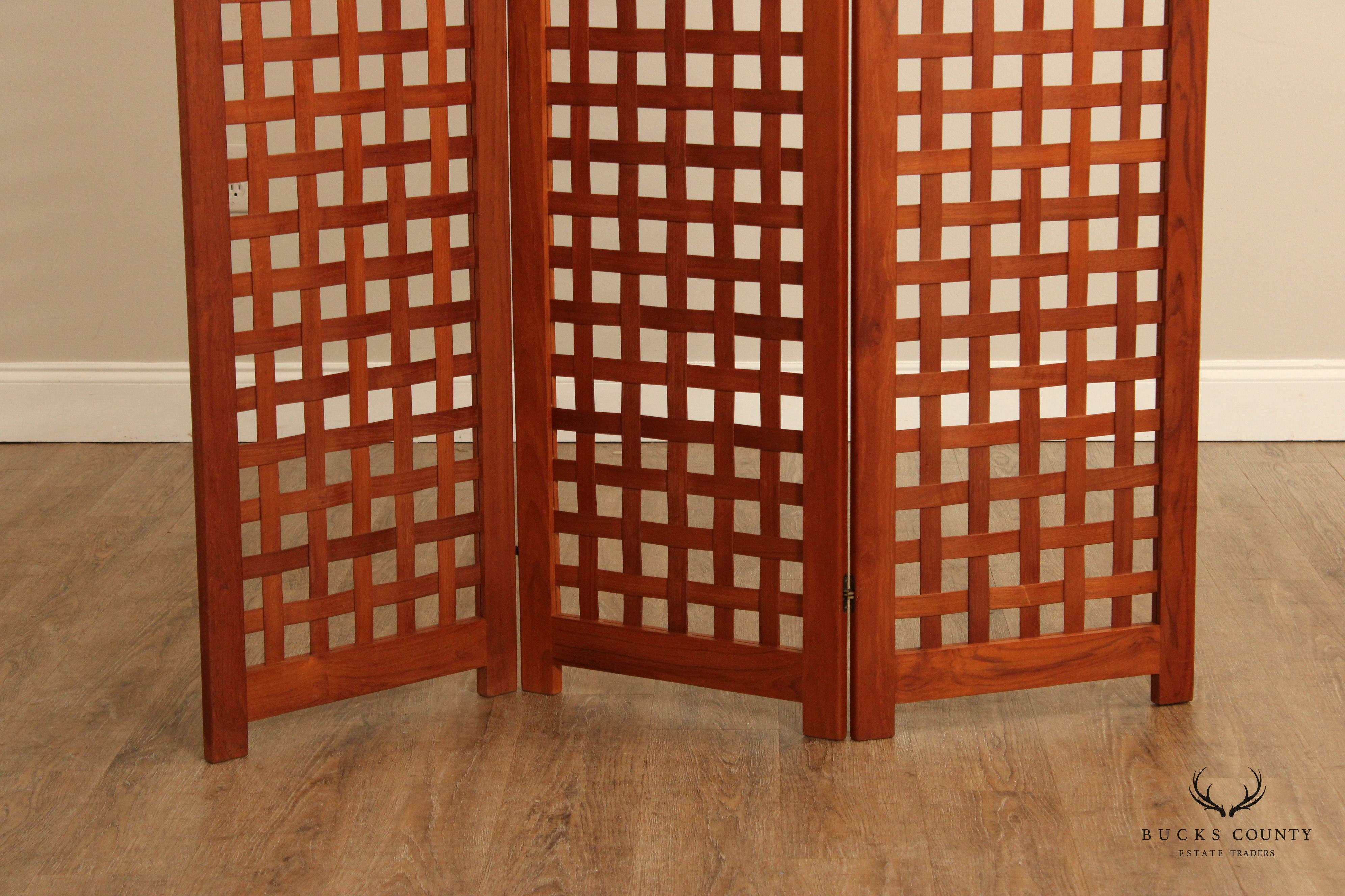 Vintage Latticed Teak Three Panel Folding Screen