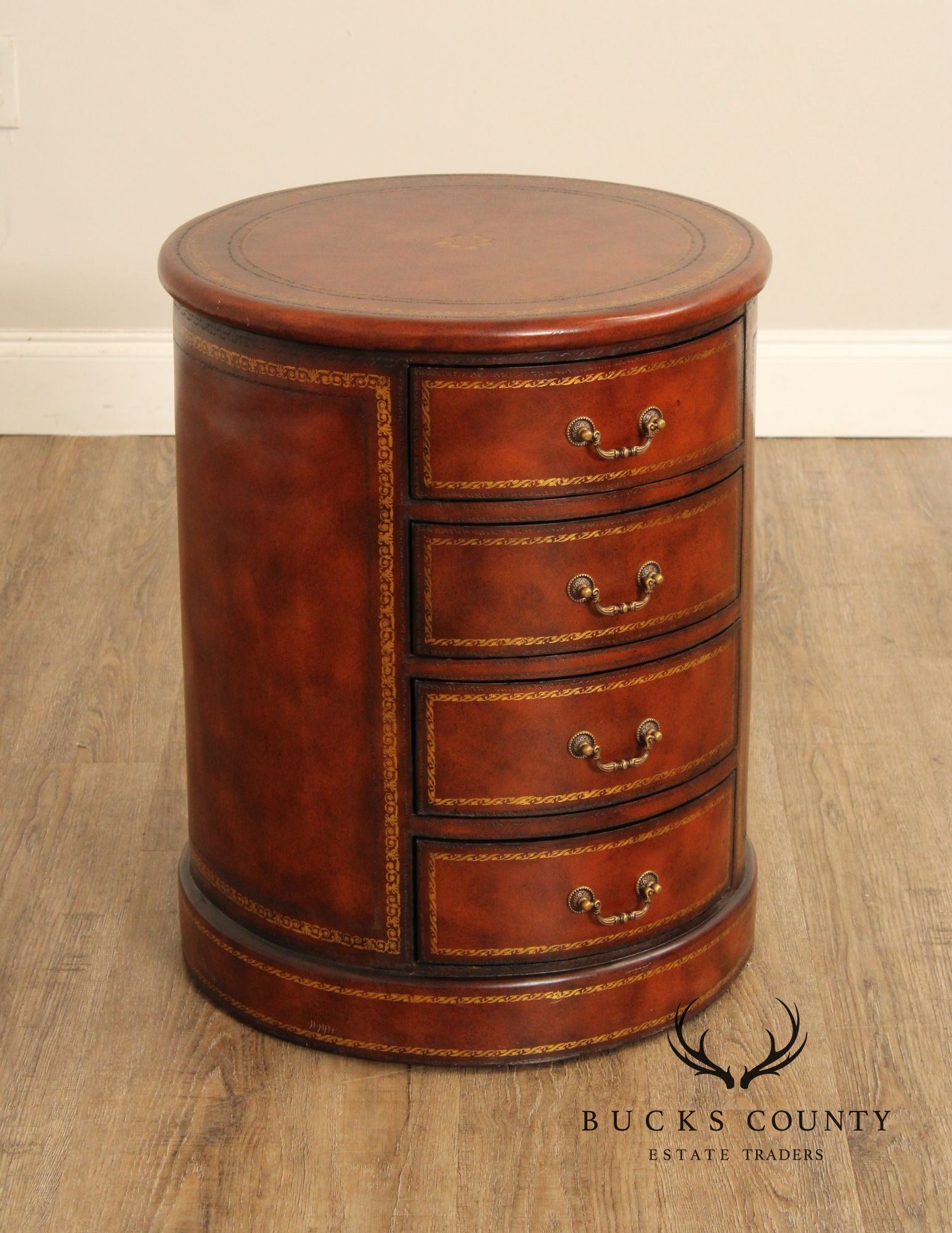 Regency Style Leather Wrapped Drum Table