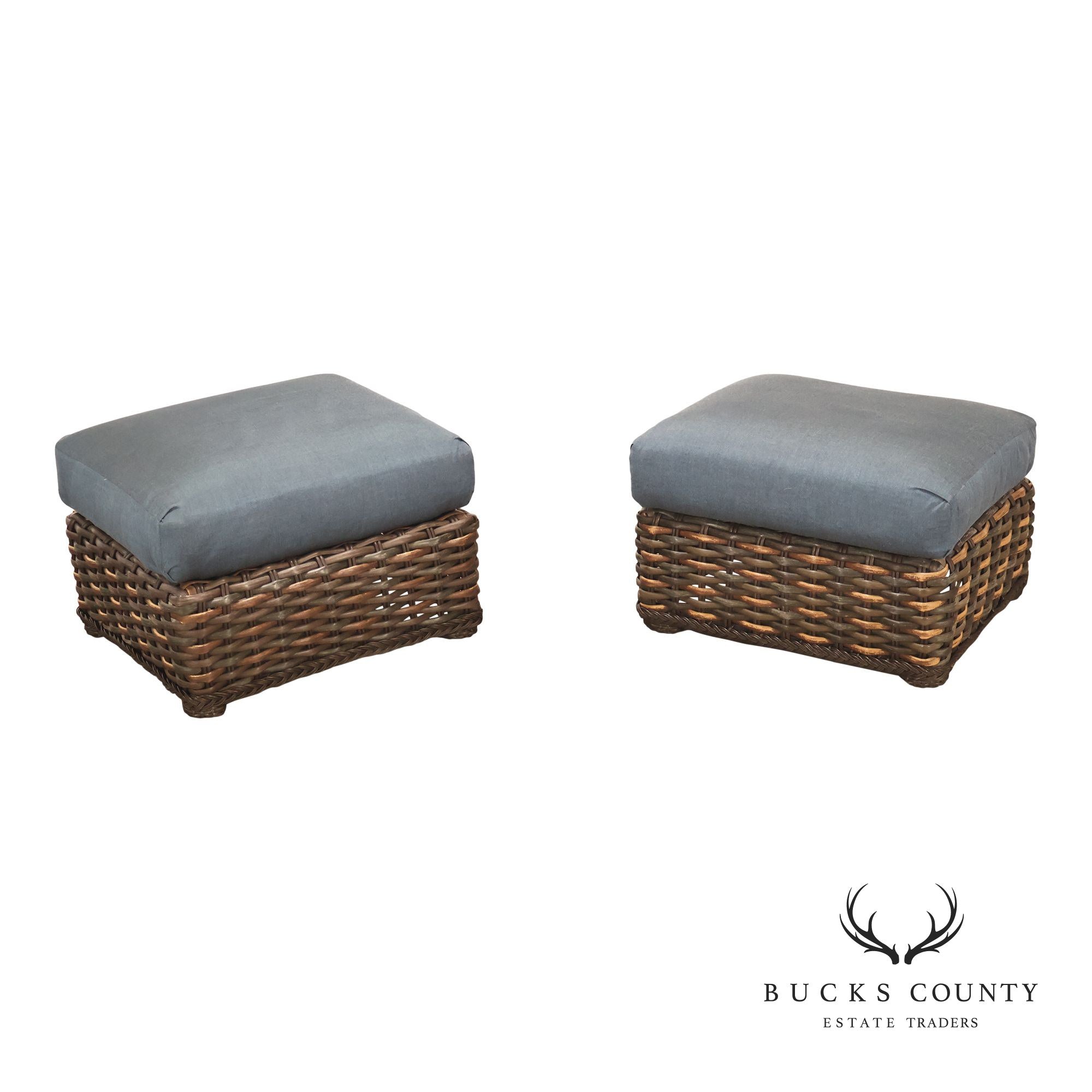 Lane Venture Weather Master Pair Of Woven Wicker Outdoor Ottomans With Blue Cushions