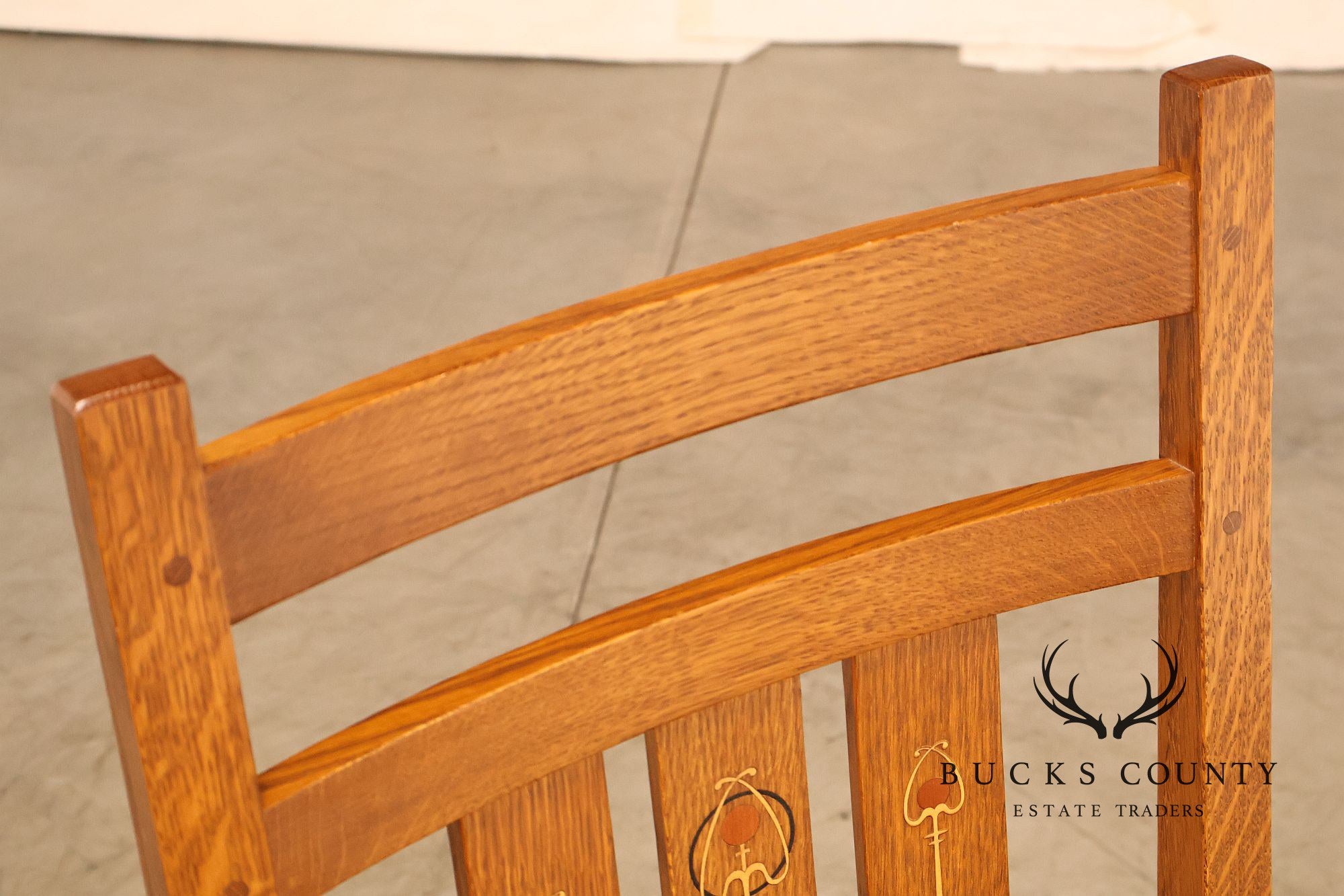 Stickley Harvey Ellis Set of Four Inlaid Oak and Leather Dining Chairs