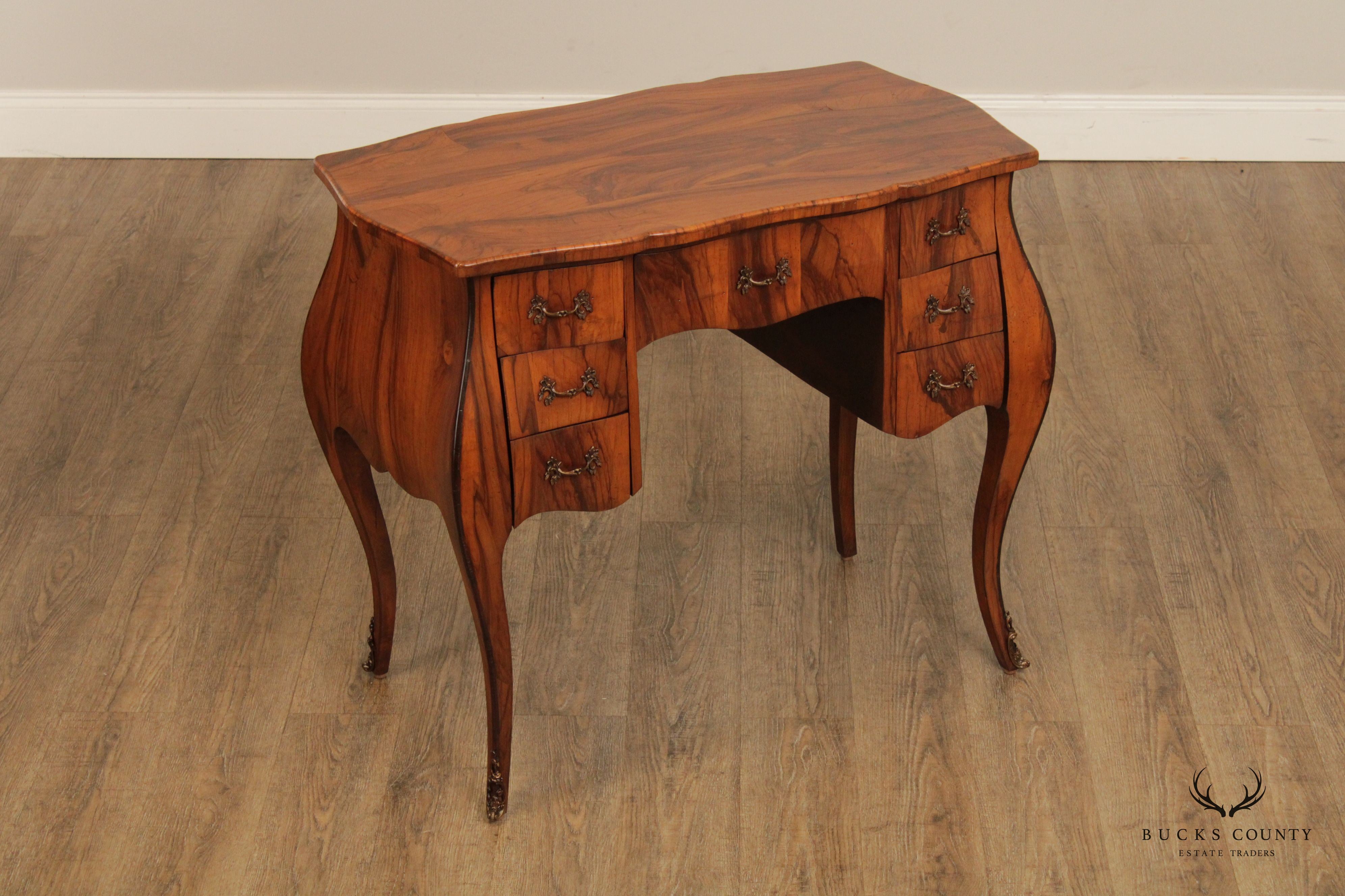 Italian Rococo Style Olive Wood Bombe Writing Desk