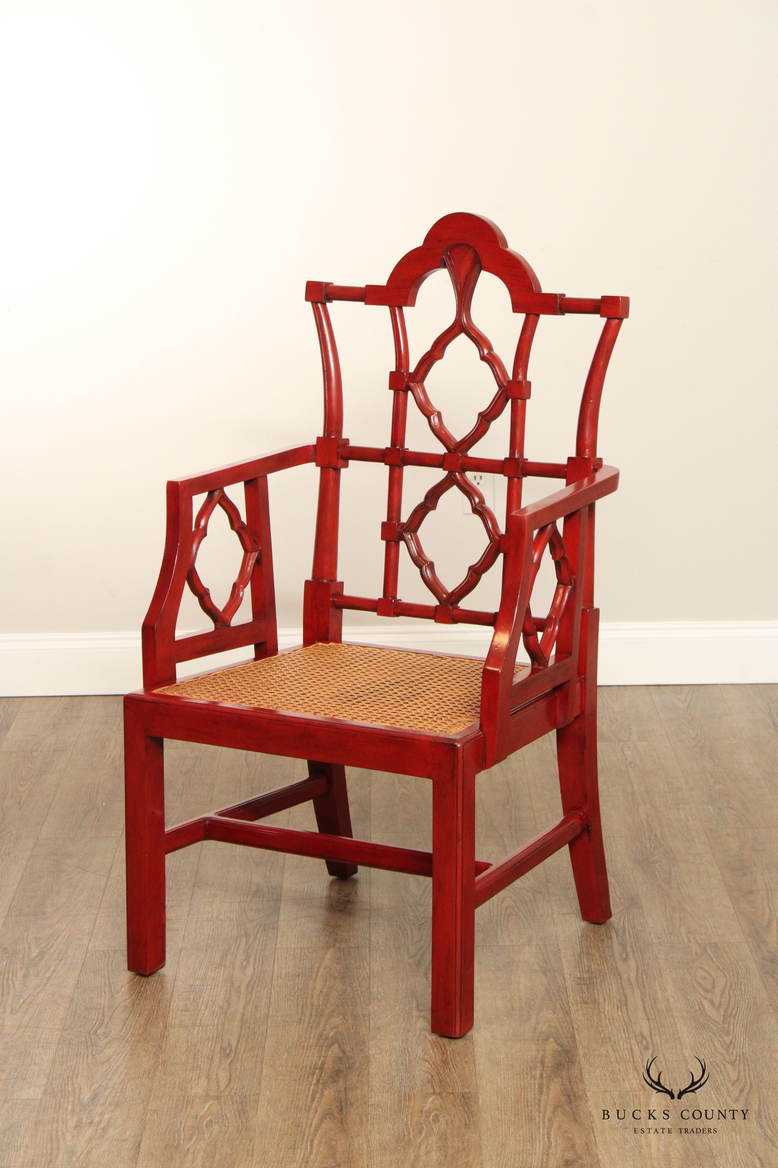 Chinese Chippendale Style Pair of Red Lacquered Dining Armchairs