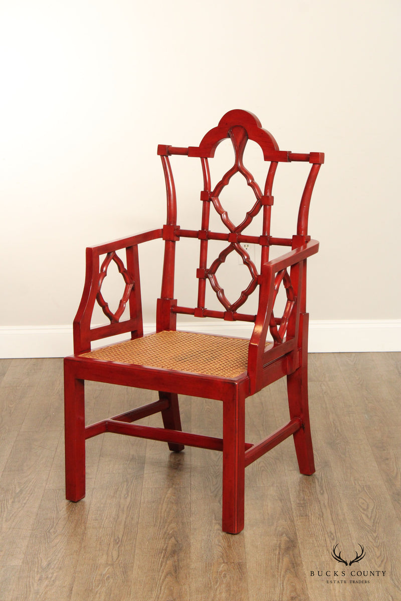Chinese Chippendale Style Pair of Red Lacquered Dining Armchairs