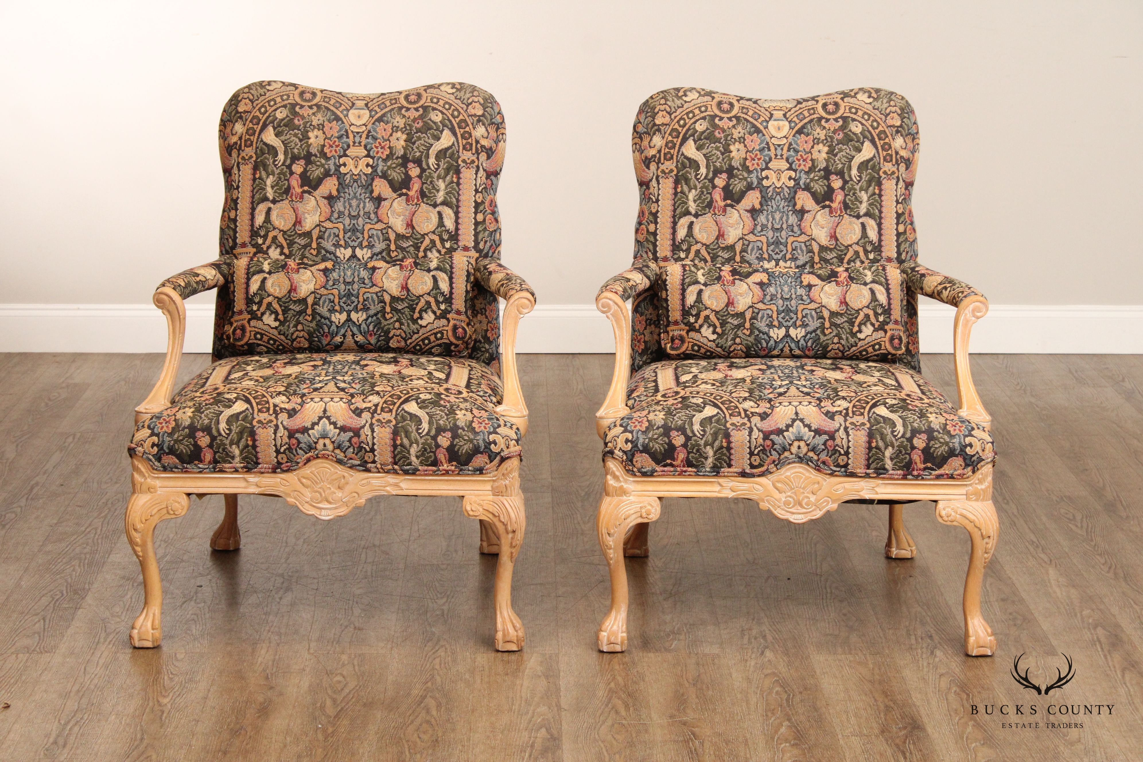 Georgian Style Carved and Cerused Pair of Armchairs