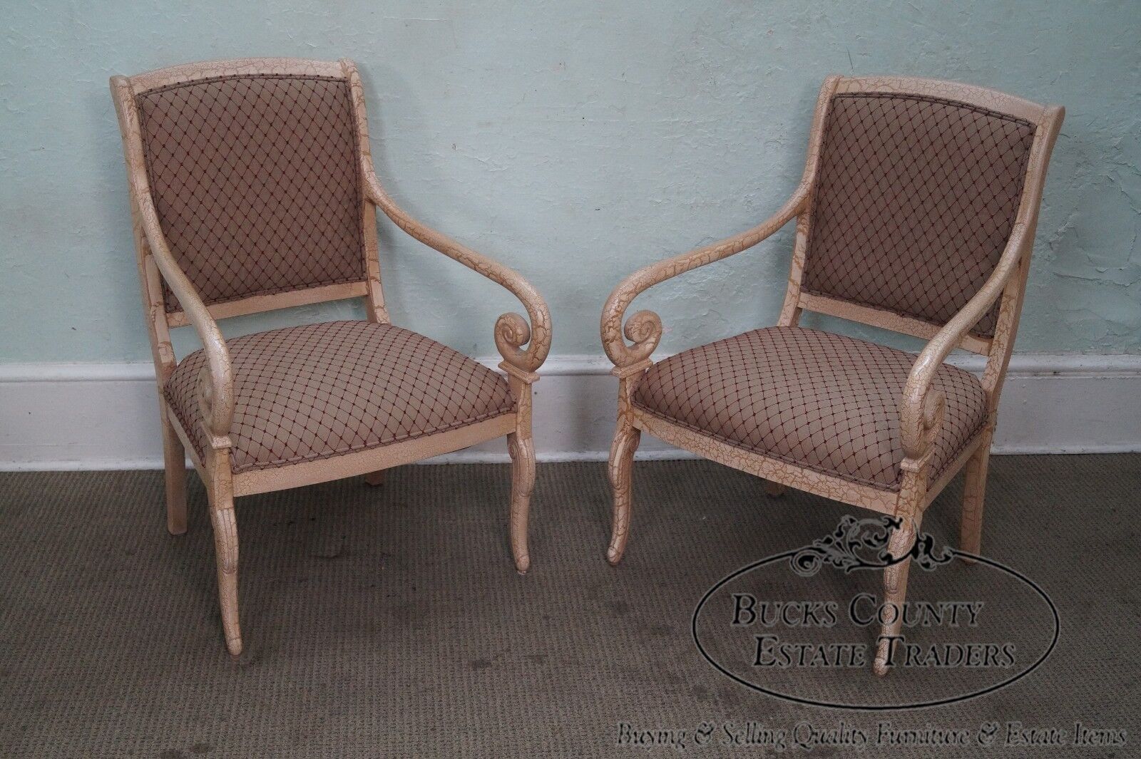 Quality Pair of Crackle Painted Finish Regency Style Arm Chairs