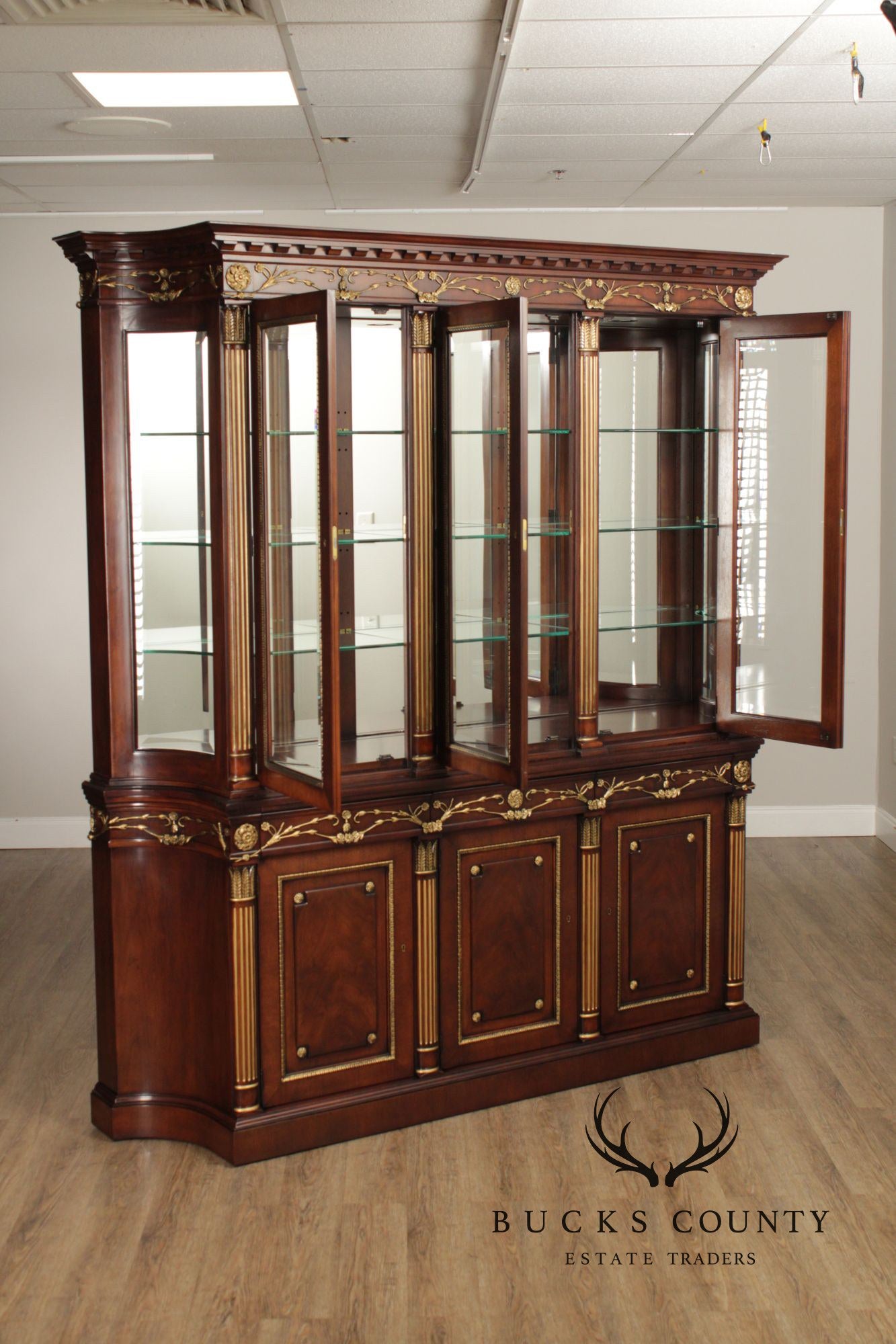 EJ Victor Louis XV Style Mahogany Breakfront China Cabinet With Gold Gilt Trim