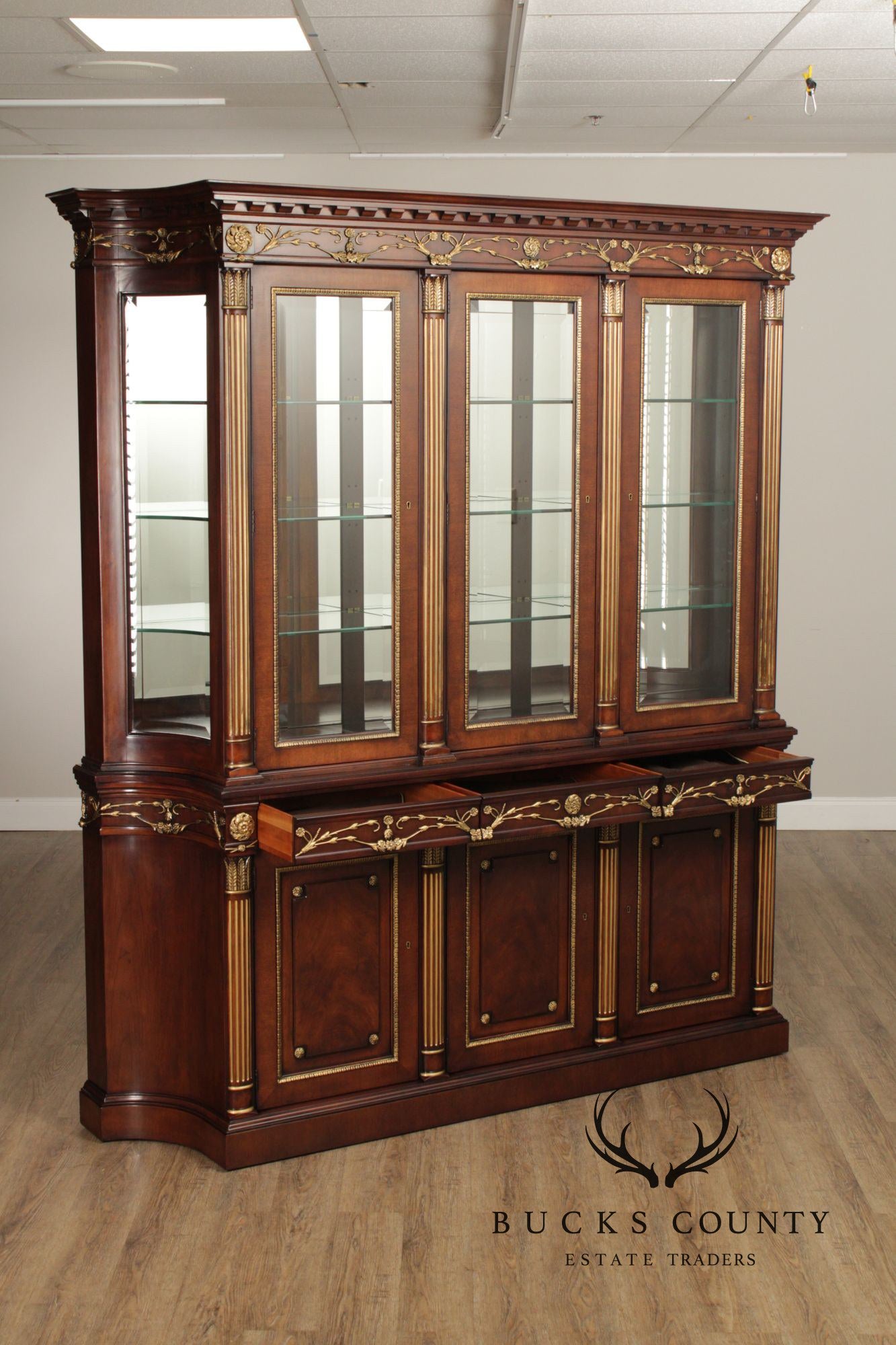 EJ Victor Louis XV Style Mahogany Breakfront China Cabinet With Gold Gilt Trim