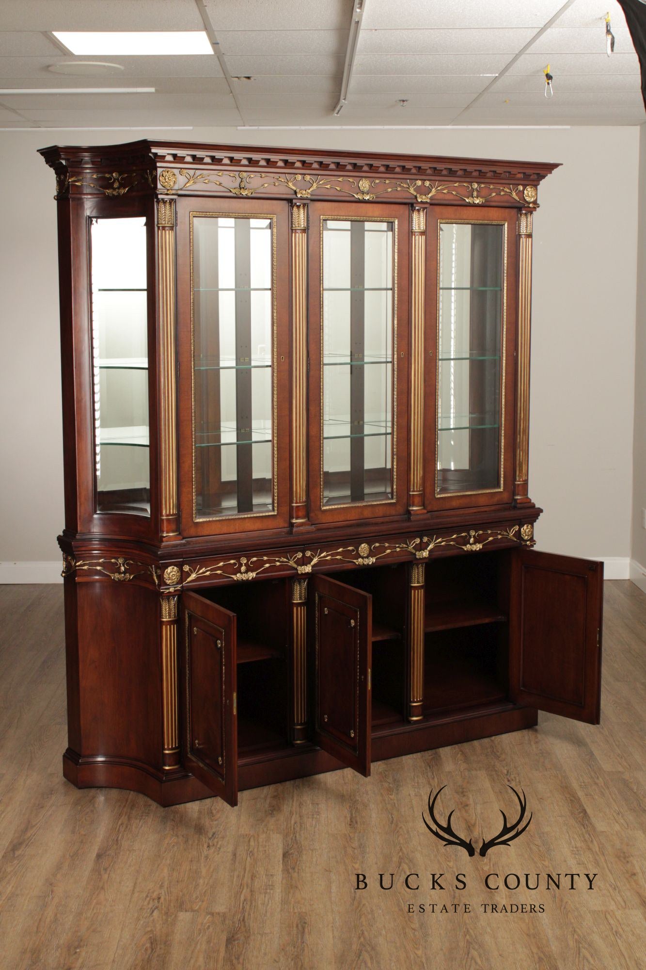 EJ Victor Louis XV Style Mahogany Breakfront China Cabinet With Gold Gilt Trim