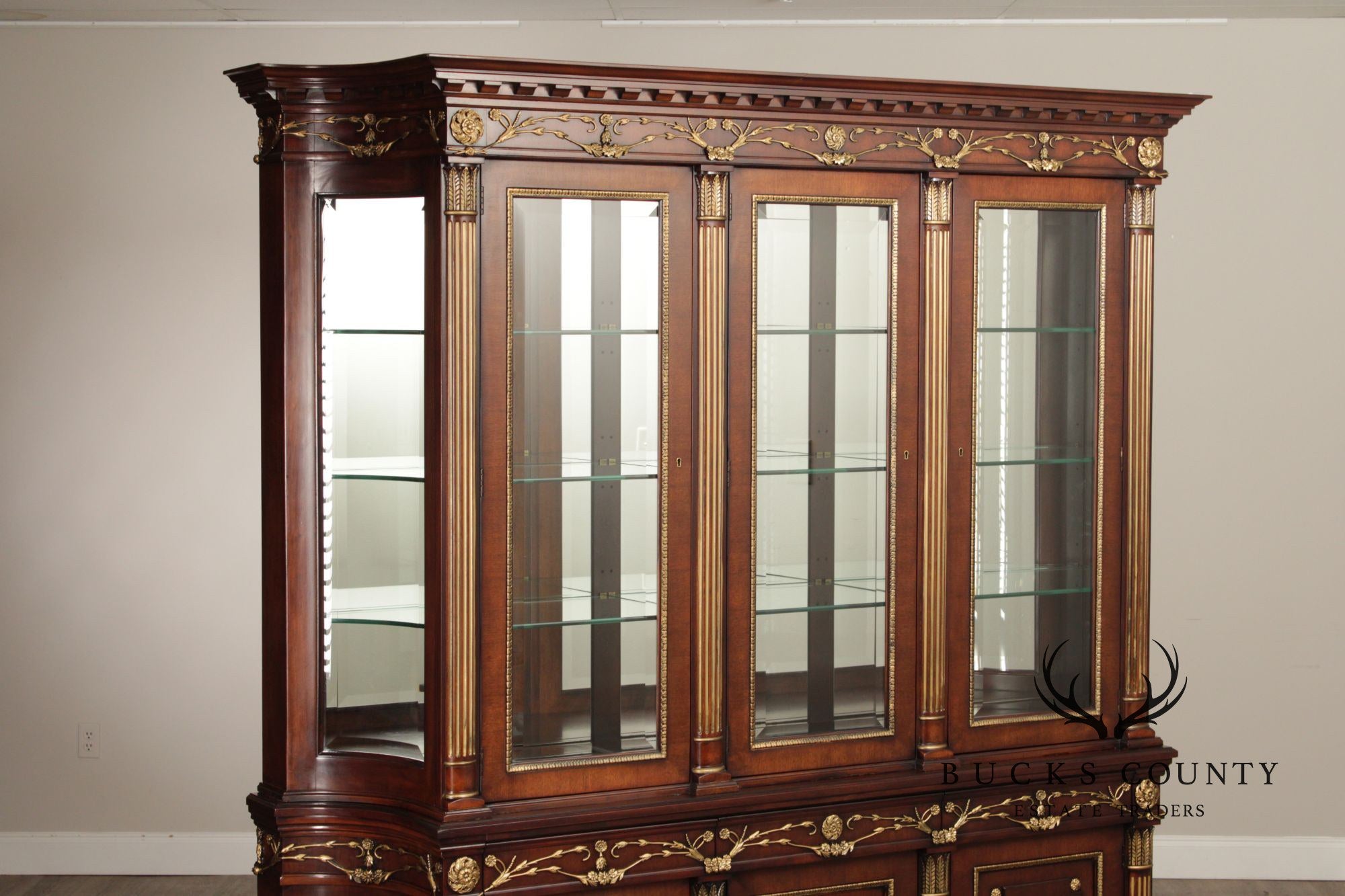 EJ Victor Louis XV Style Mahogany Breakfront China Cabinet With Gold Gilt Trim
