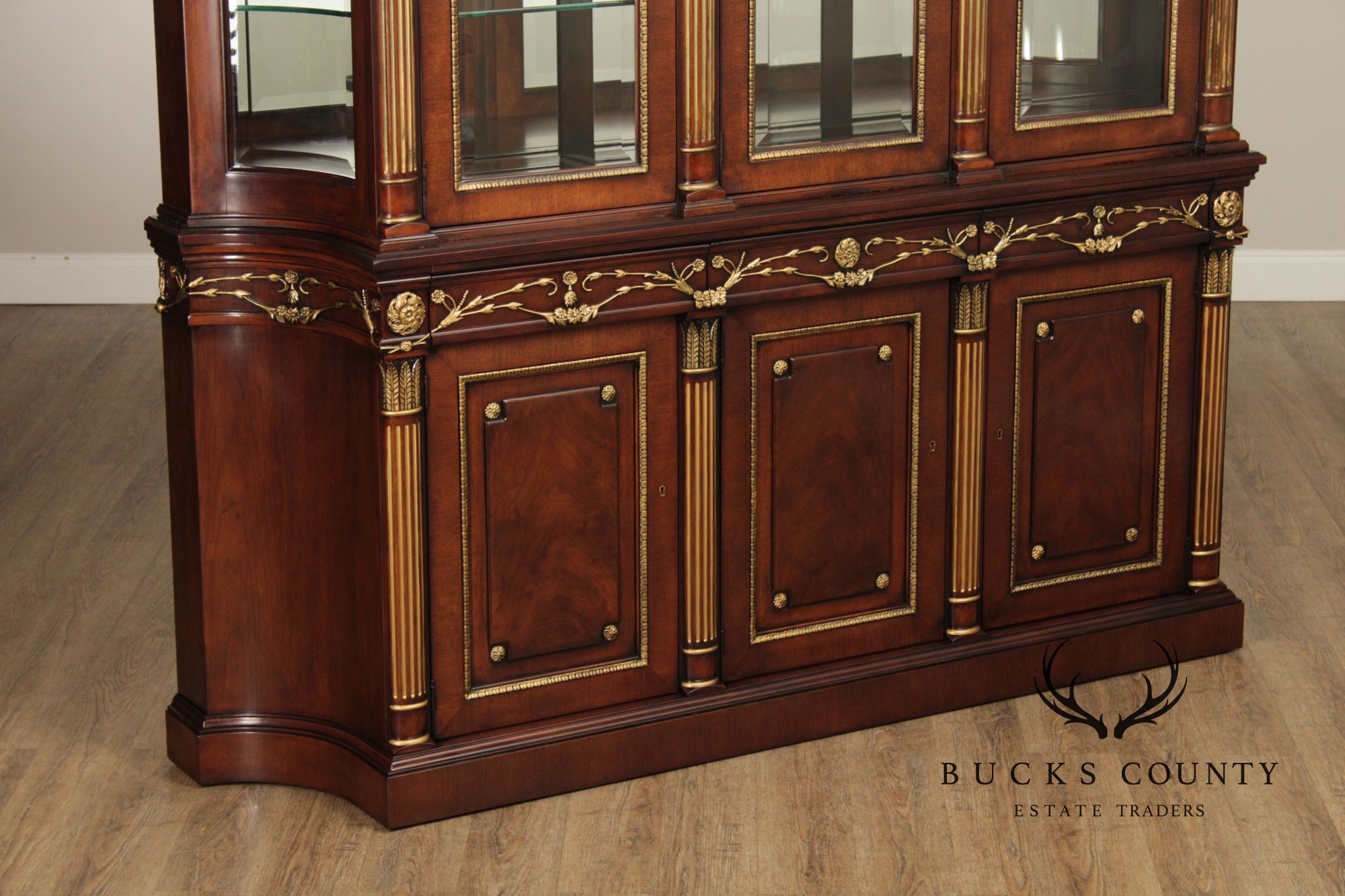 EJ Victor Louis XV Style Mahogany Breakfront China Cabinet With Gold Gilt Trim