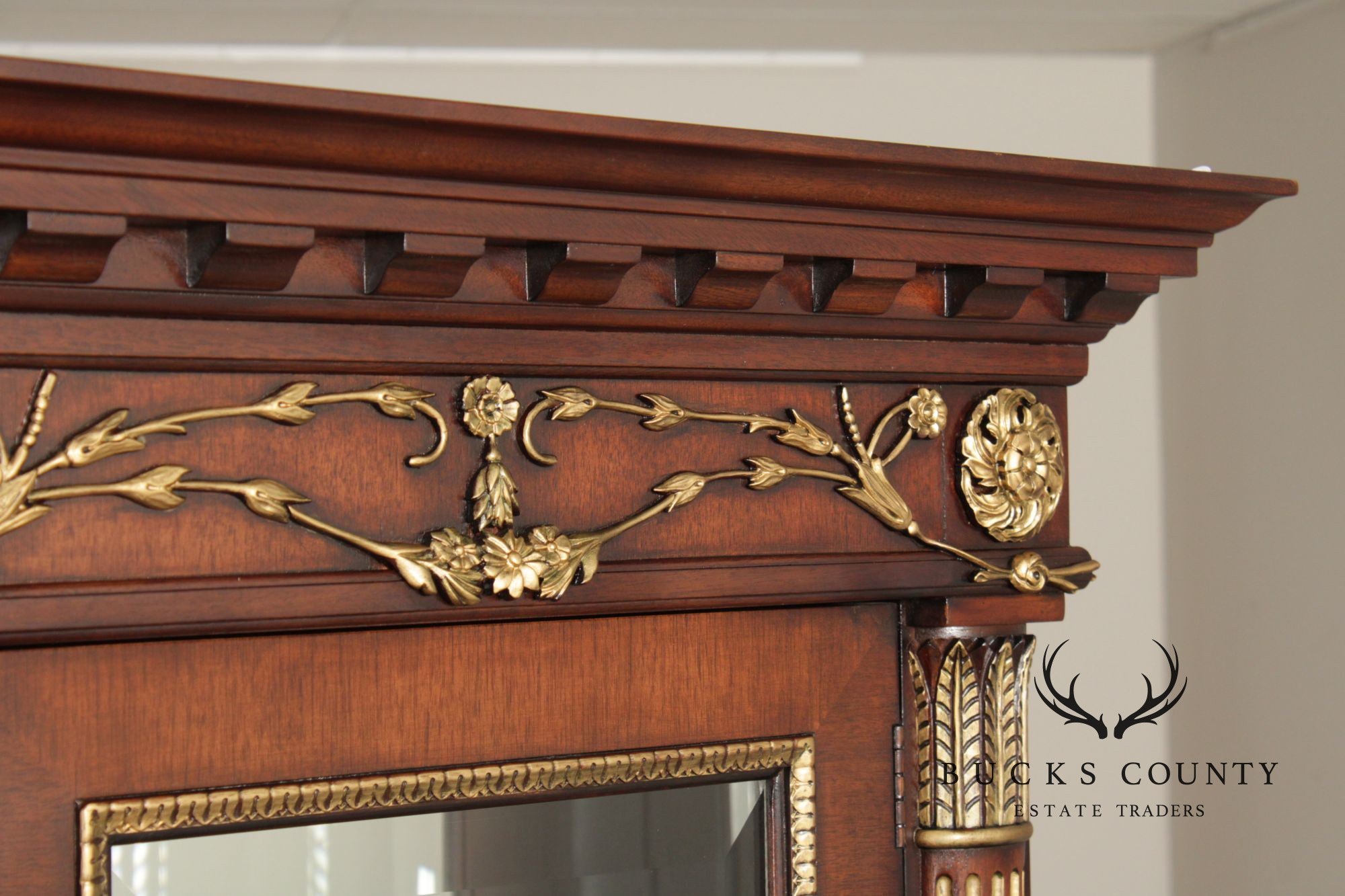 EJ Victor Louis XV Style Mahogany Breakfront China Cabinet With Gold Gilt Trim