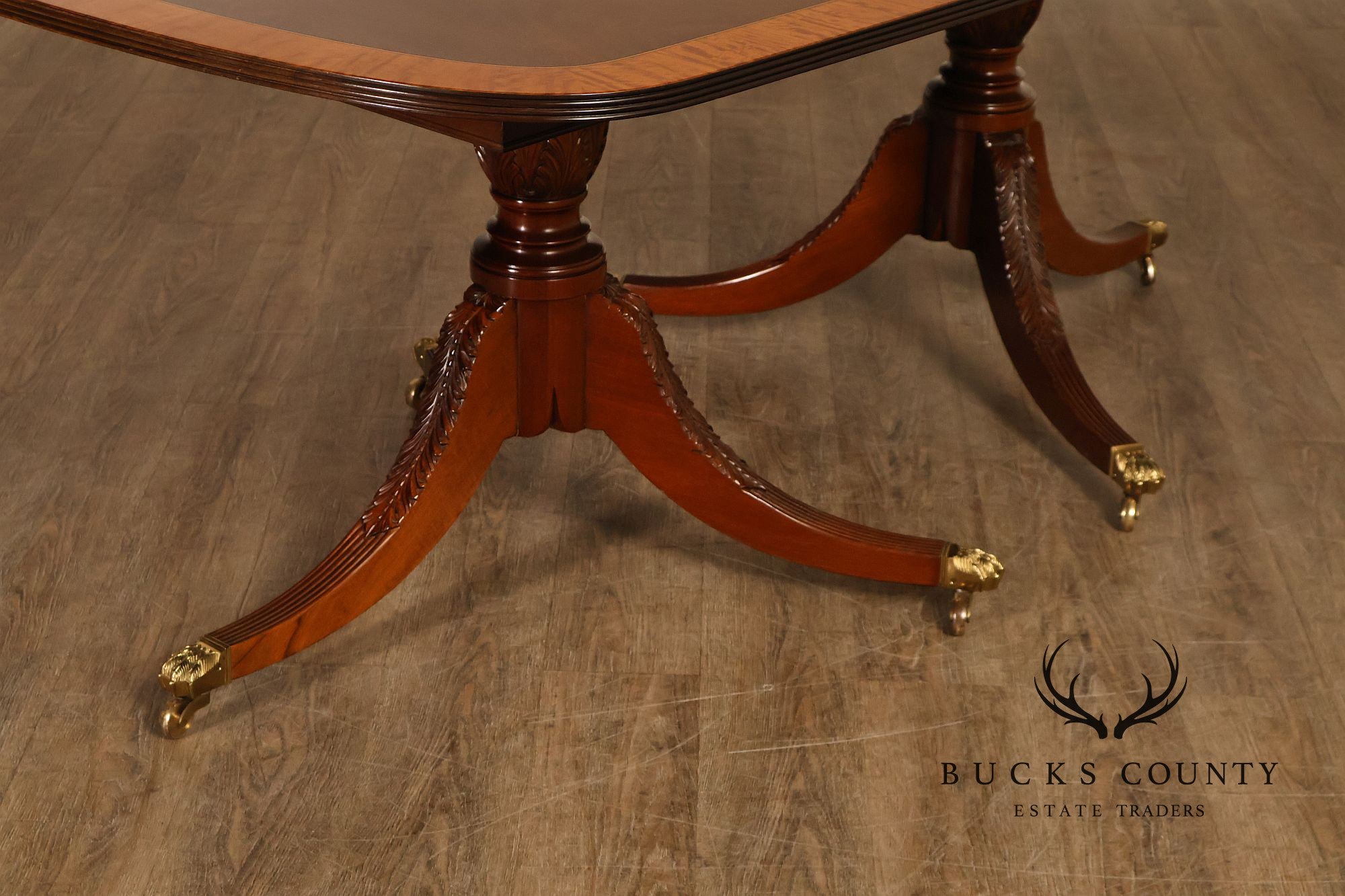 Federal Style Vintage Banded Mahogany Double Pedestal Dining Table
