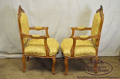 Quality Pair of Custom Upholstered Solid Walnut Louis XV Style Arm Chairs