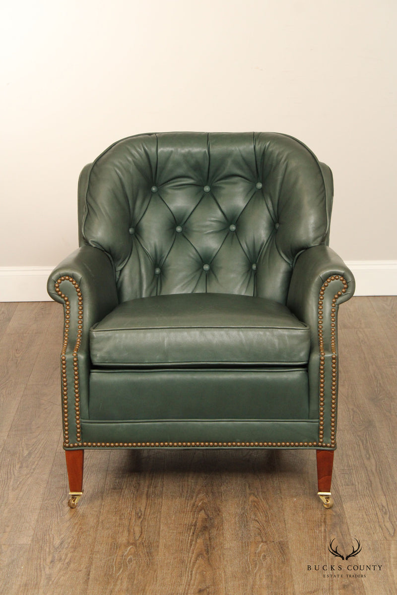 Ethan Allen Tufted Green Leather Club Chair With Ottoman