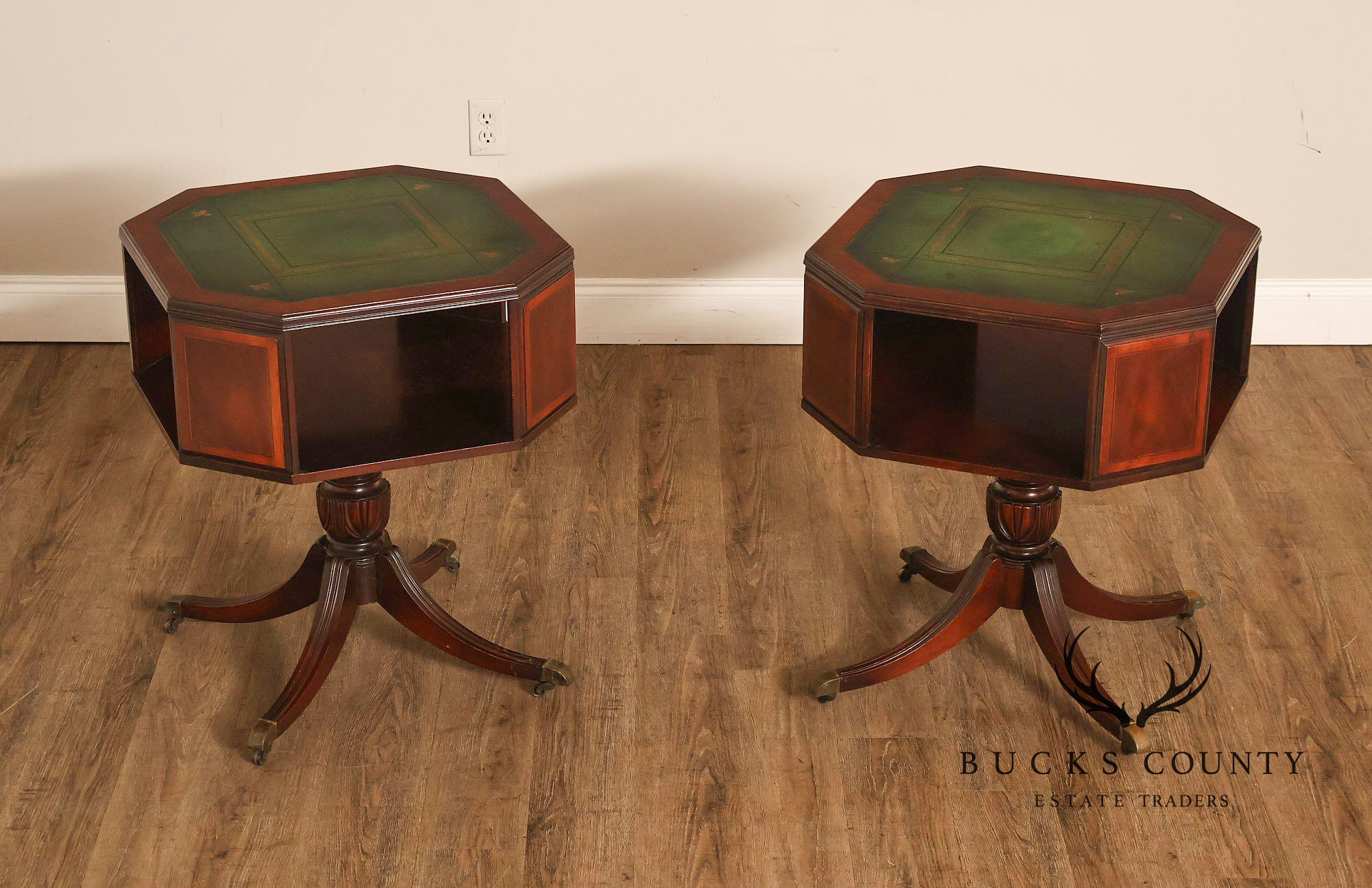 1940's Vintage Pair of Regency Style Mahogany Green Leather Top Pedestal Side Tables