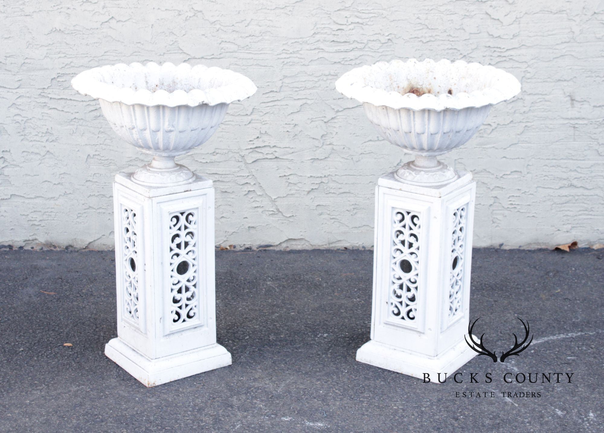 Vintage Pair of Painted Cast Iron Garden Urns on Stands