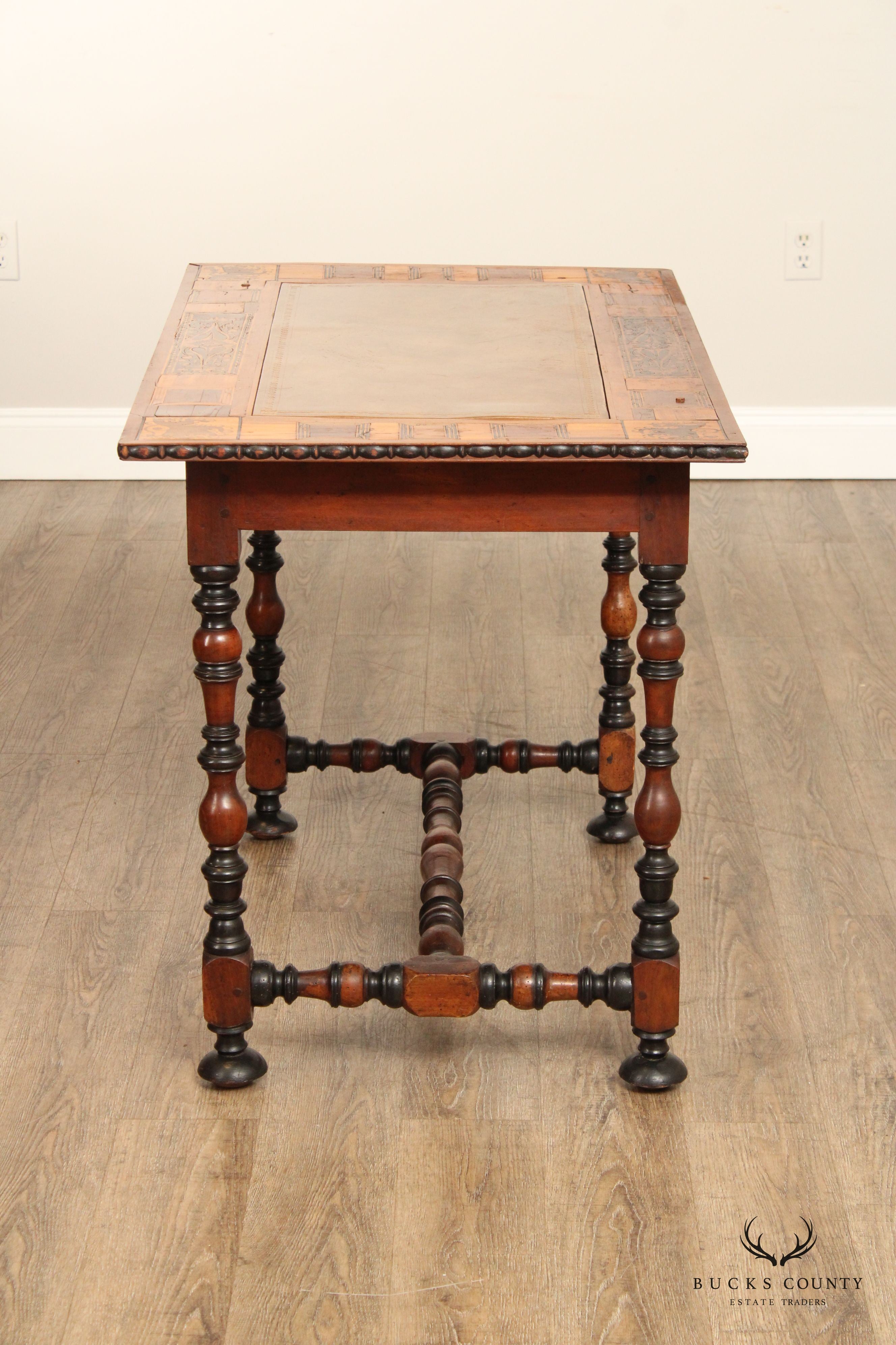 Continental Turned Leg Antique Inlaid Leather Top Writing Desk