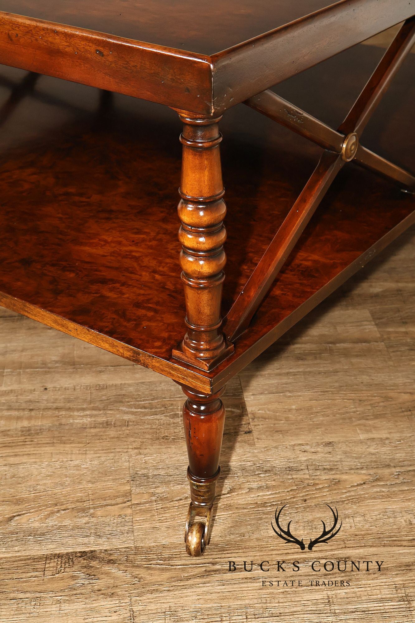 Regency Style Burl Wood Two-Tier Square Coffee Table On Brass Casters