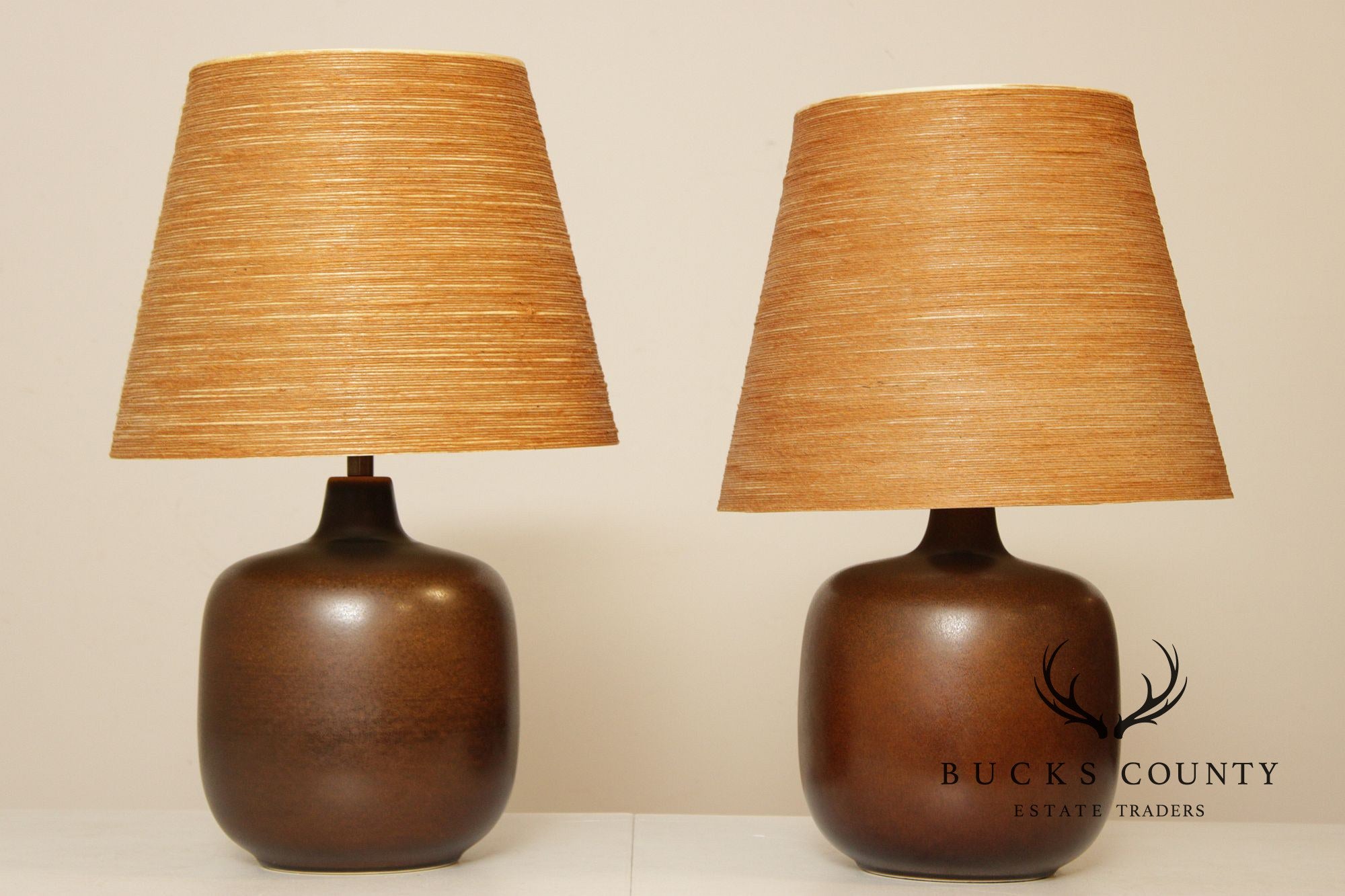Pair Of Mid-Century Umber Glazed Ceramic Table Lamps By Lotte & Gunnar Bostlund