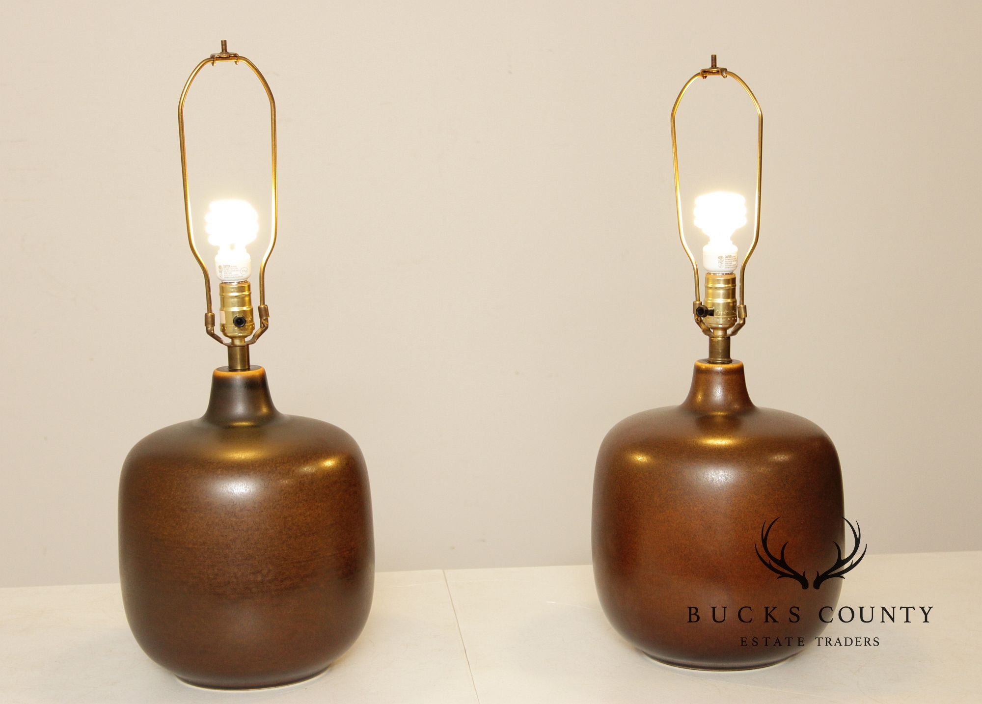Pair Of Mid-Century Umber Glazed Ceramic Table Lamps By Lotte & Gunnar Bostlund