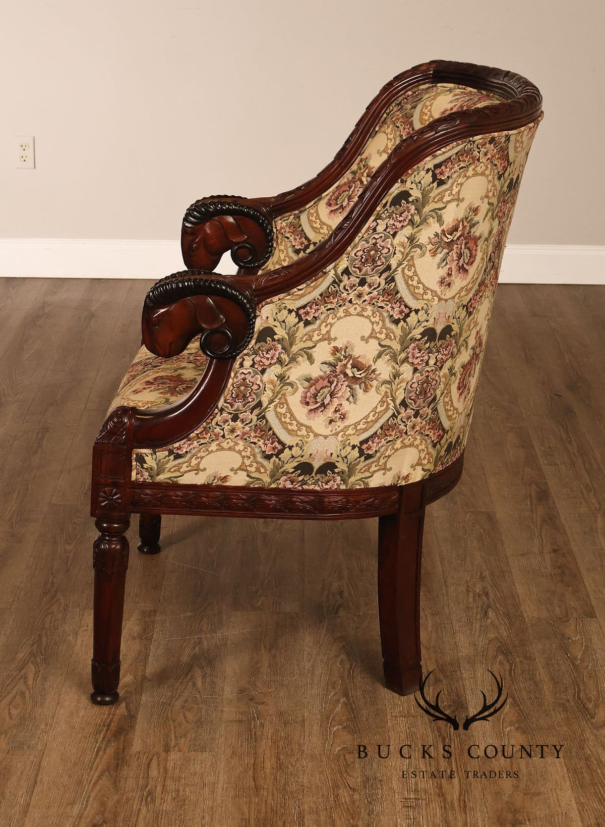 Pair Of Carved Mahogany Ram’s Head Upholstered Armchairs