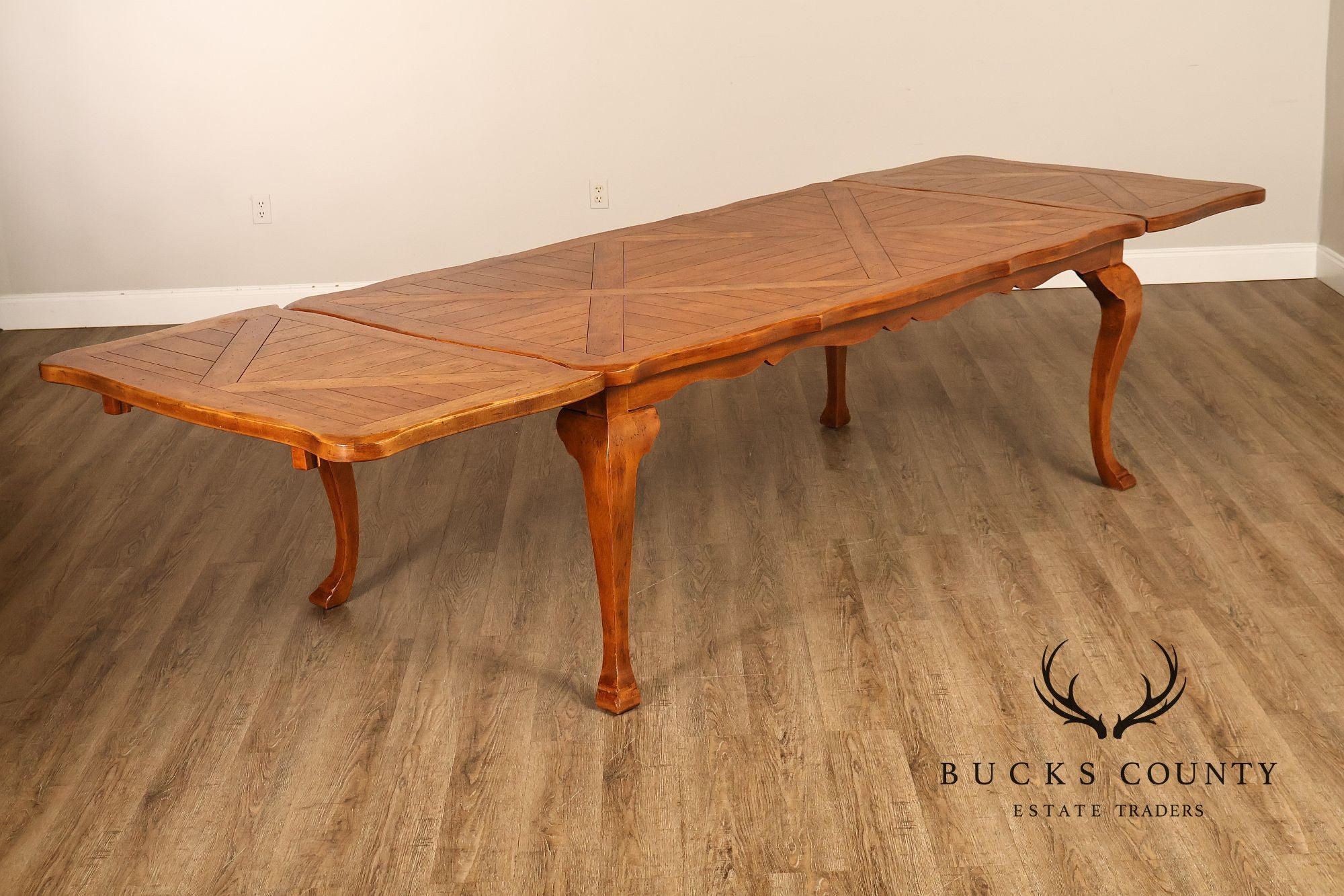 French Provincial Style Parquetry Top Dining Table with Scalloped Apron and Cabriole Legs