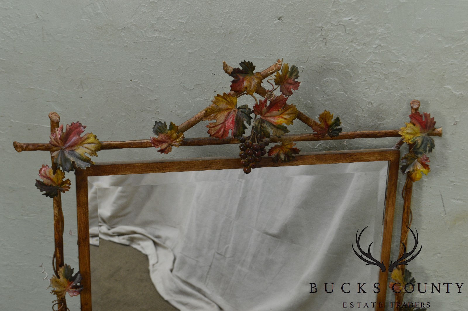 LaBarge Italian Painted Tole Metal Grapevine Beveled Wall Mirror