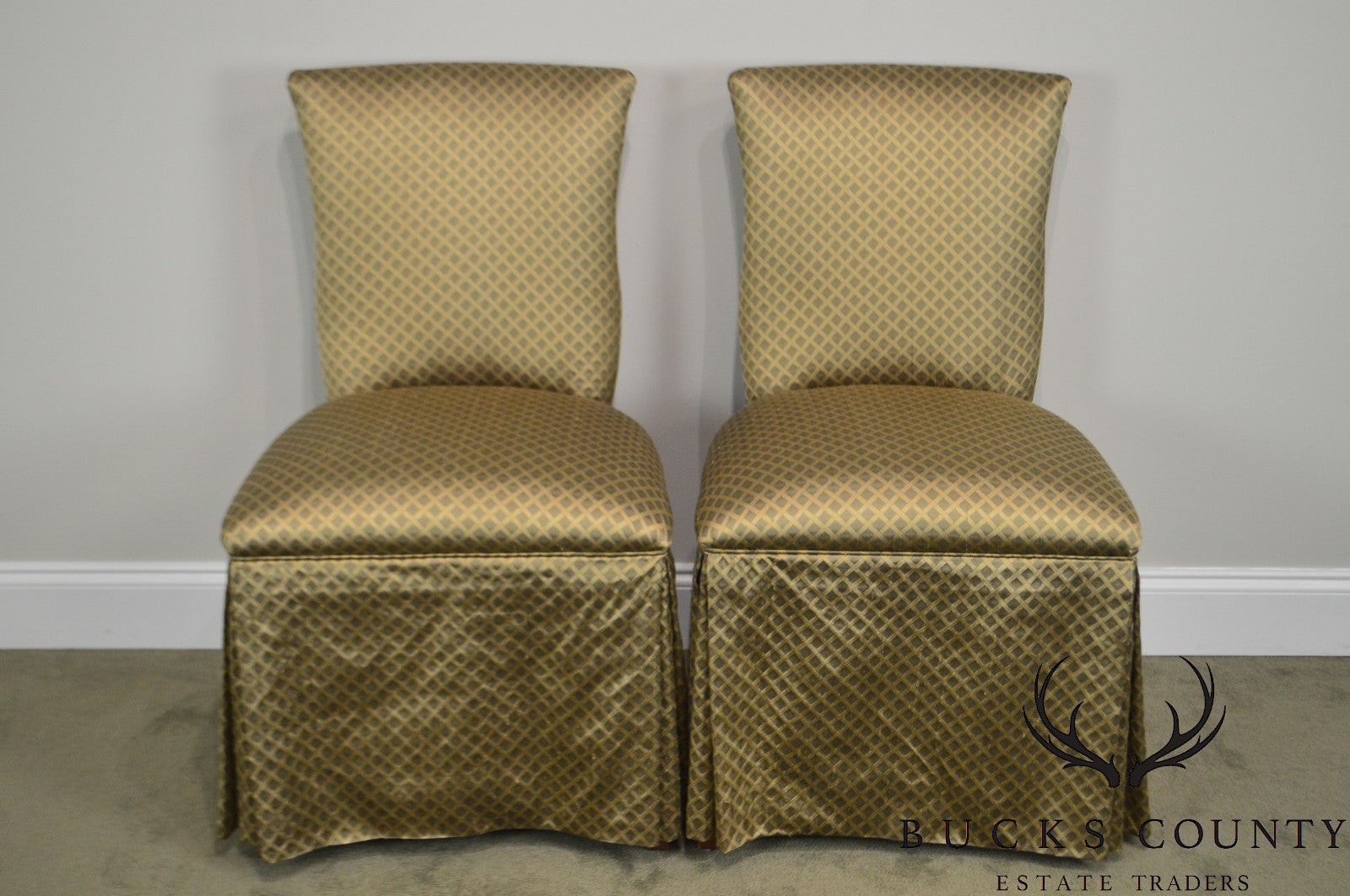 Custom Pair of Catania Dobby Lattice Silk Upholstered Boudoir Slipper Chairs