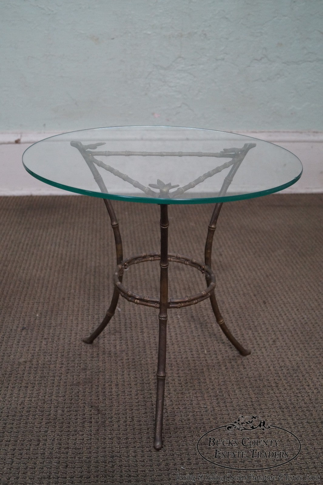 Brass & Glass Faux Bamboo Round Small Side Table