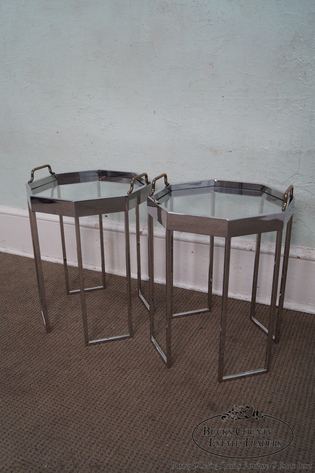 Quality Pair of Chrome & Glass Octagon Side Tables