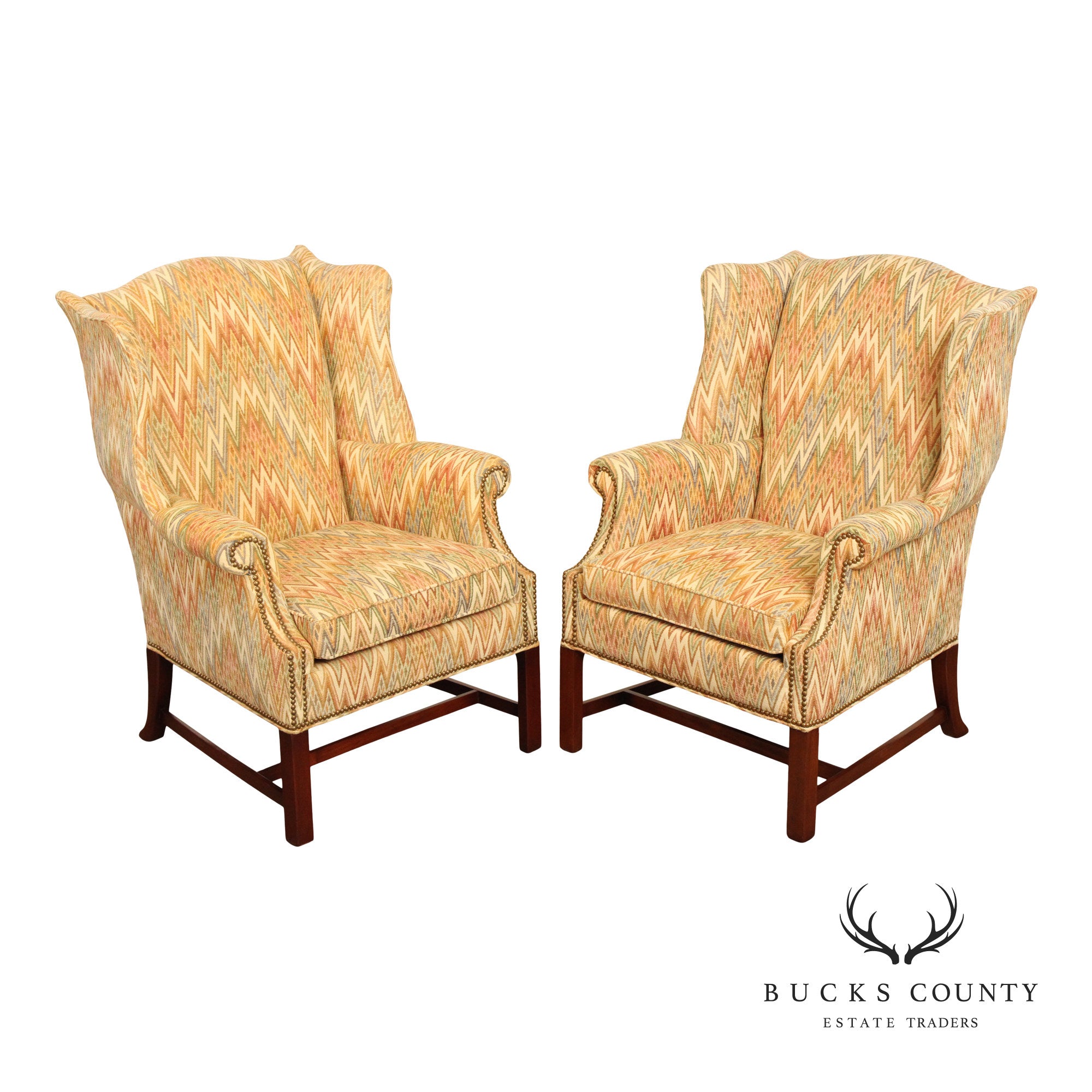 Hickory Chair Chippendale Style Pair of Mahogany Wing Chairs