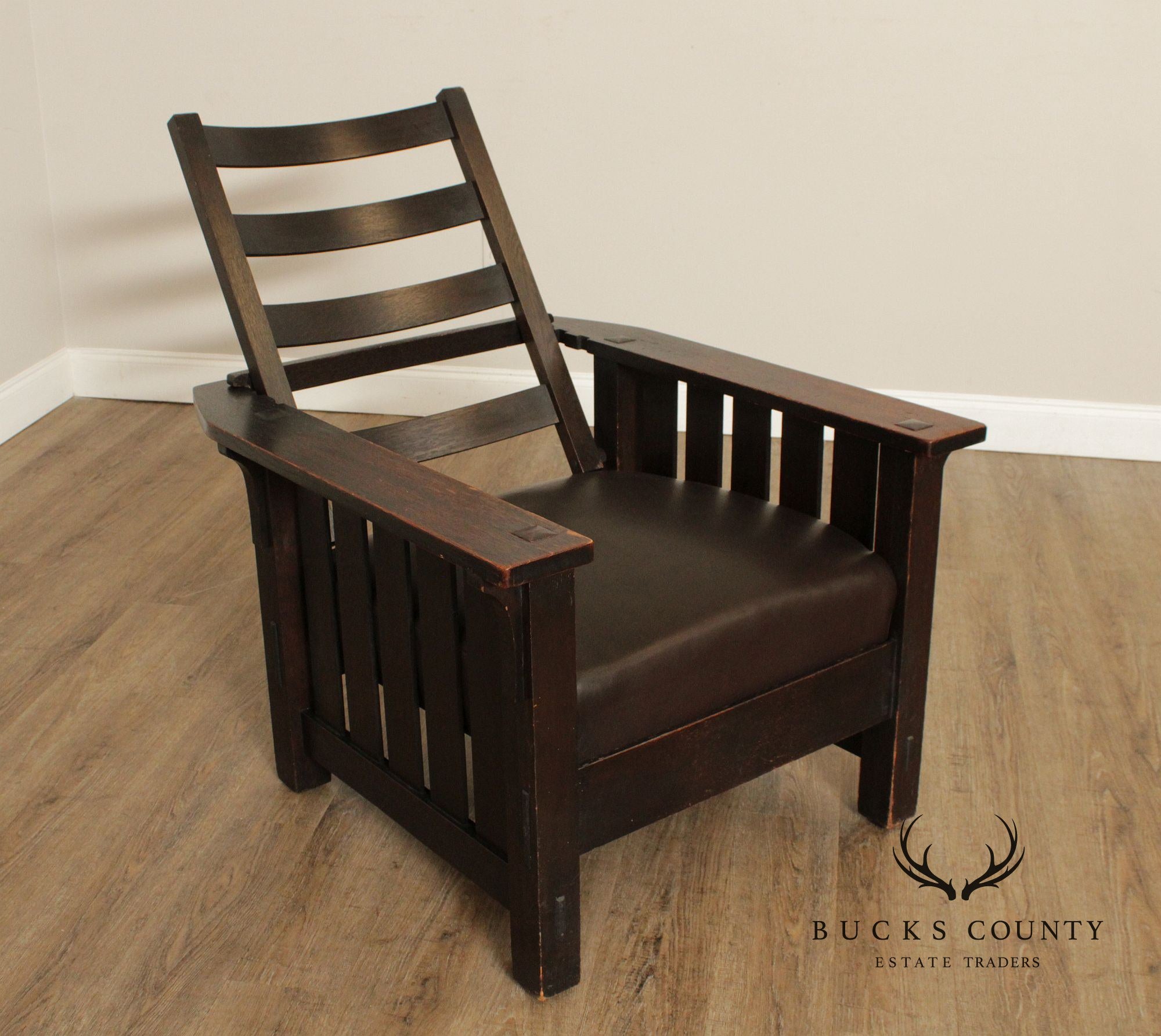 L & JG Stickley Antique Mission Oak and Leather Morris Chair
