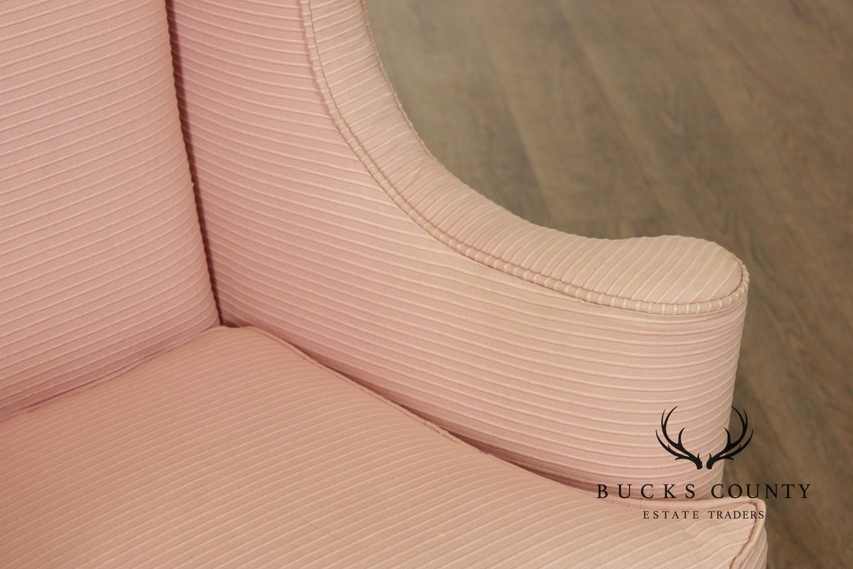 Custom Quality Vintage Pink Upholstered Wingback Chair With Cabriole Legs