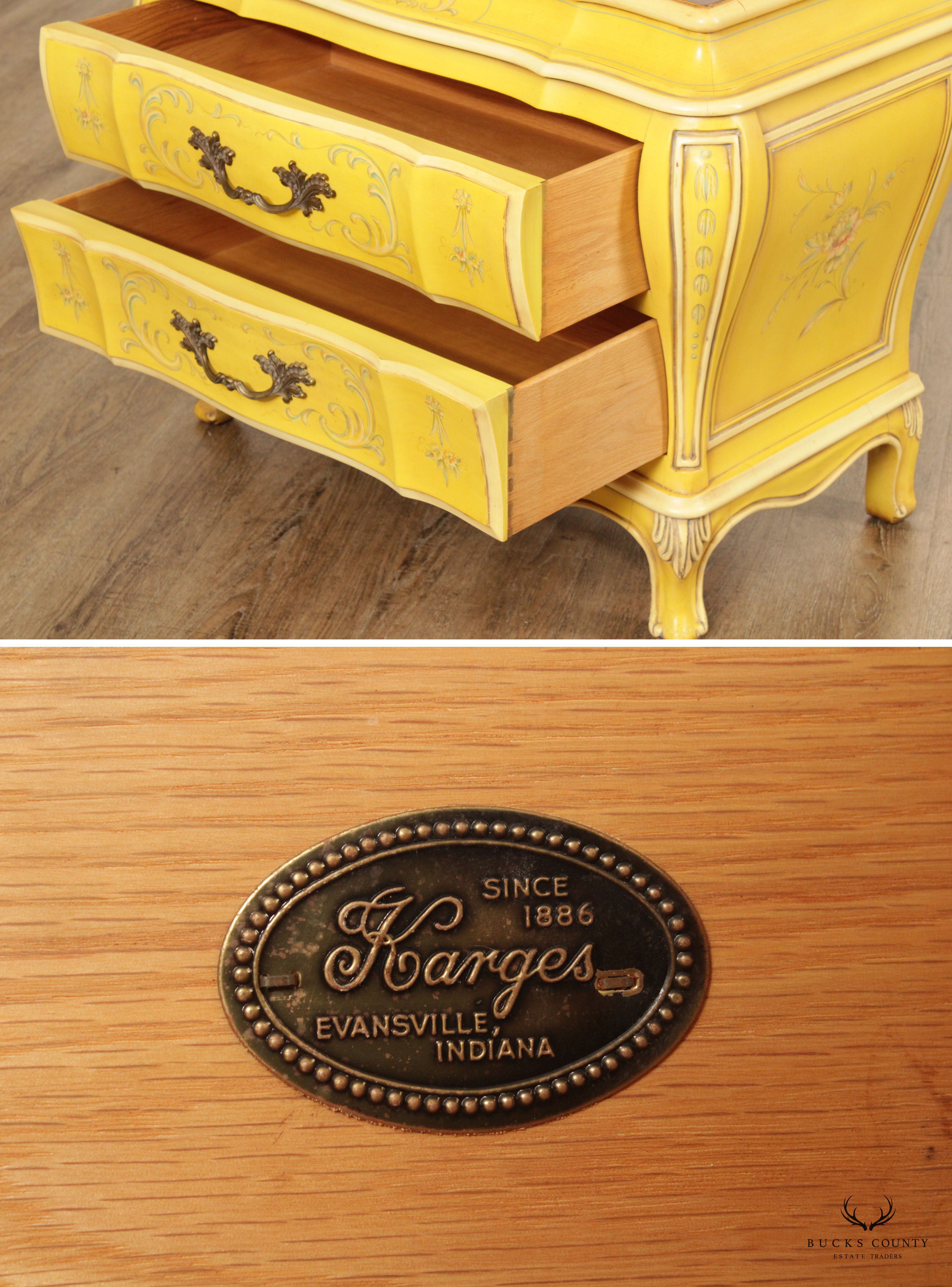 Karges Louis XV Style Pair of Florentine Painted Bombe Chest Nightstands