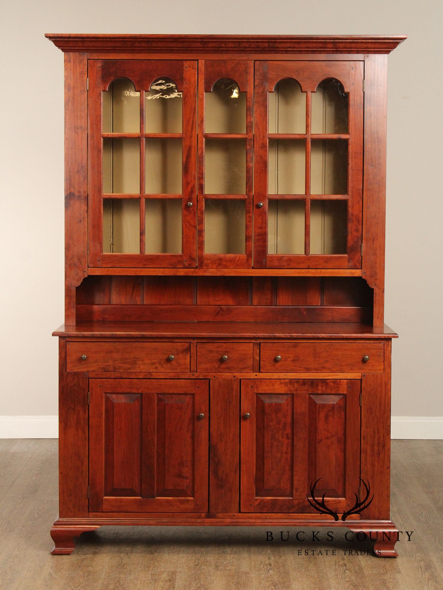 TWO PIECE BENCH-MADE CHERRY DISH CUPBOARD